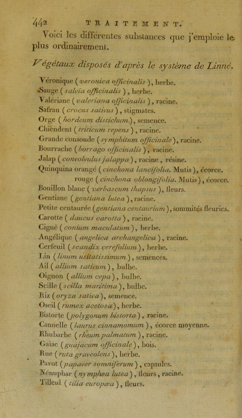 \ oici les differentes substances que j’emploie le, plus ordinairement. J^égèbaux disposés d’après le système de Linné* Véronique ( veronica officinalis ), herbe. ■Sauge ( salvia ojjicinalis ) , herbe. Valériane ( valeriana officinalis ) , racine. Safran ( crocus salivus ) , stigmates. Orge ( hordeum distichum ), semence. Chiendent ( triticum repens ) , racine. Grande consoude ( symphitum officinale ), racine, bourrache ( borrago officinalis ) , racine. Jalap ( convolvulus jalappa ), racine , résine. Quinquina orangé ( cinchona lancifolia. Mulis ), écorce. rouge ( cinchona oblongifolia. Mutis), écorce. Bouillon blanc ( verbascurn thapsus ), fleurs. Gentiane ( gentiana lutea ), racine. Petite centaurée {gentiane centaurium ), sommités fleuries. Carotte ( daucus carotta- ), racine. Ciguë ( conium maadatmn ), herbe. Angélique ( angelica archangelica ), racine. Cerfeuil ( scandix çerefolium ), herbe. Lin ( linum usitatissimum ), semences. Ail ( alliurn sativum ), bulbe. Oignon ( allium cepa), bulbe. Scille ( s cilla maritime ), bulbe. Riz ( oryza saliva. ), semence. Oseil ( rumex acetosa ), herbe. Bistorte {polygomim, bis tort a ) , racine. Cannelle ( launis cirmamomum ), écorce moyenne. Rhubarbe ( rheum palmatum ), racine. Gaine (guajacum officinale), bois. Rue ( rut a graveolens ), liei'be. Pavot (papaver somniferum ) , capsules. Nénuphar ( nymphéa lutea ) , fleurs, racine. 'filleul ( tilia europœa ), fleurs.