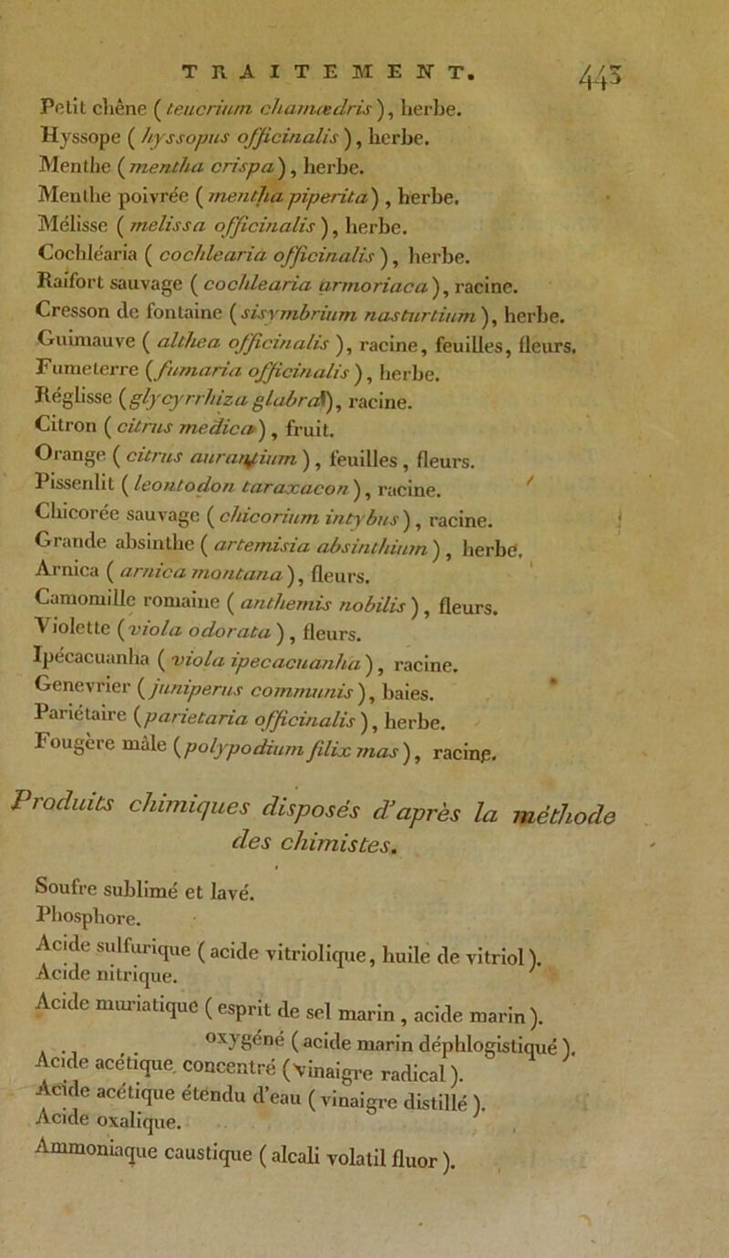 Polit chêne ( teucrium chamœdris), herbe. Hyssope ( hyssopus ofjicinalis ), herbe. Menthe ( mentha crispa ), herbe. Menthe poivrée ( mendiapiperita'), herbe. Mélisse ( melissa ofjicinalis ), herbe. Cocbléaria ( coclilearia ofjicinalis ), herbe. Raifort sauvage ( coclilearia armoriaca ), racine. Cresson de fontaine ( sisymbrium nastnrtium ), herbe. Guimauve ( althea ofjicinalis ), racine, feuilles, fleurs. Fumeterre (f/maria ofjicinalis ), herbe. Réglisse ( glycyrrhiza glabraV), racine. Citron ( cil ms me clic a) , fruit. Orange ( citrus anraiÿinm ), feuilles , fleurs. Pissenlit ( leontodon taraxacon ), racine. Chicorée sauvage ( chicorium intybns), racine. Grande absinthe ( artemisia absinthium ) , herbe. Arnica ( arnica montana ), fleurs. Camomille romaine ( anthémis nobilis ) , fleurs. Violette {viola odorata ) , fleurs. Ipécacuanlia ( viola ipecacuanha ), racine. Genevrier ( juniper us commuais), baies. Pariétaire {parietaria ofjicinalis ), herbe. Iougère mâle {polypodium fdix mas), racine. Produits chimiques disposés d’après la méthode des chimistes. Soufre sublimé et lavé. Phosphore. Acide sulfurique ( acide vitriolitpie, huile de vitriol ). Acide nitrique. ' Acide muriatique ( esprit de sel marin , acide marin). 0xysêné ( acide marin déphlogisliqué ). Acde acétique concentré (vinaigre radical ). Acide acétique étendu d’eau ( vinaigre distillé ). Acide oxalique. Ammoniaque caustique ( alcali volatil fluor ).