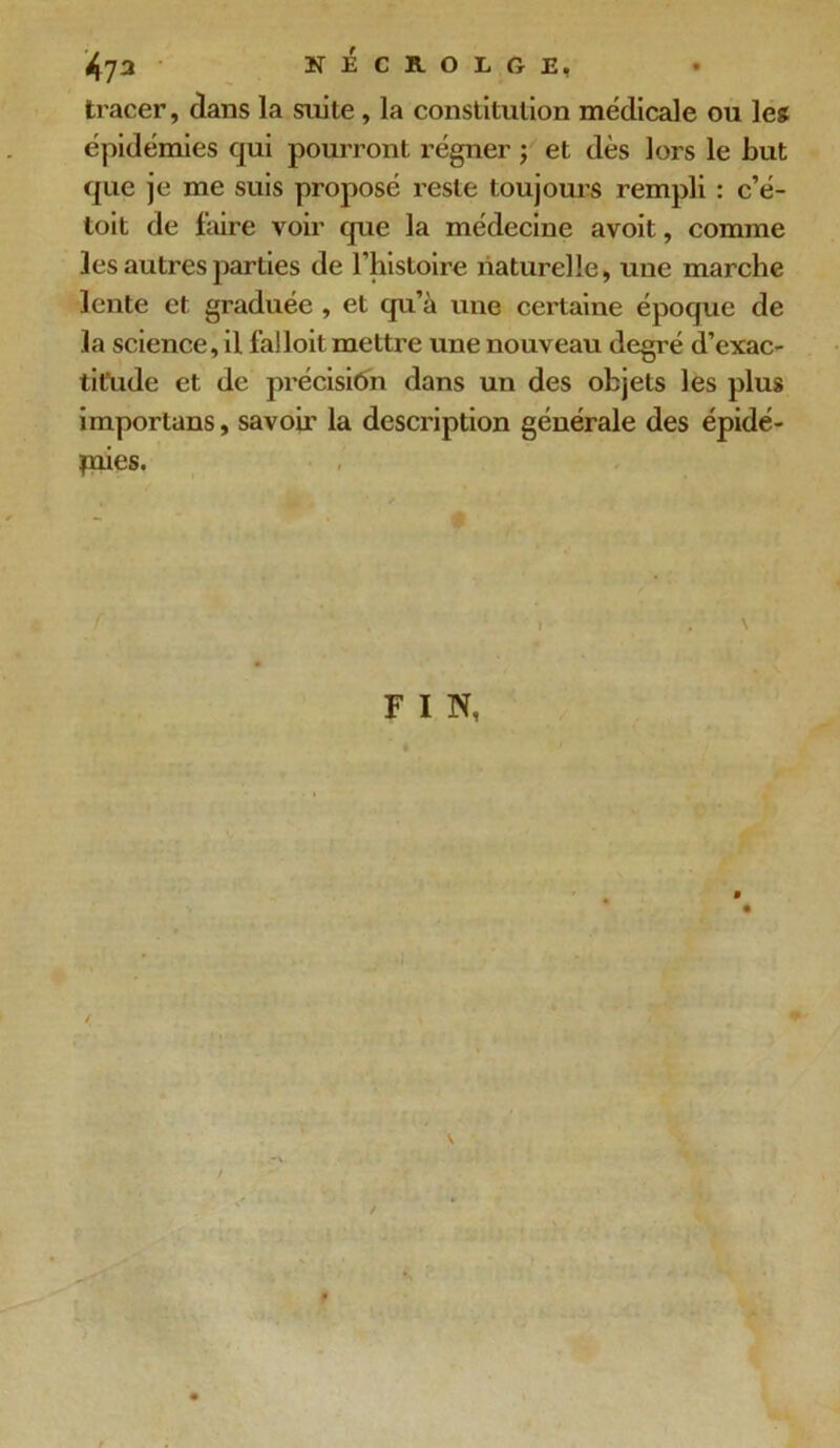 4 73 NÉCROLGE, tracer, dans la suite, la constitution médicale ou les épidémies qui pourront régner ; et dès lors le but que je me suis proposé reste toujours rempli : c’é- toit de faire voir que la médecine avoit, comme les autres parties de l’histoire naturelle, une marche lente et graduée , et qu’à une certaine époque de la science, il falloil mettre une nouveau degré d’exac- titude et de précision dans un des objets les plus importans, savoir la description générale des épidé- paies.