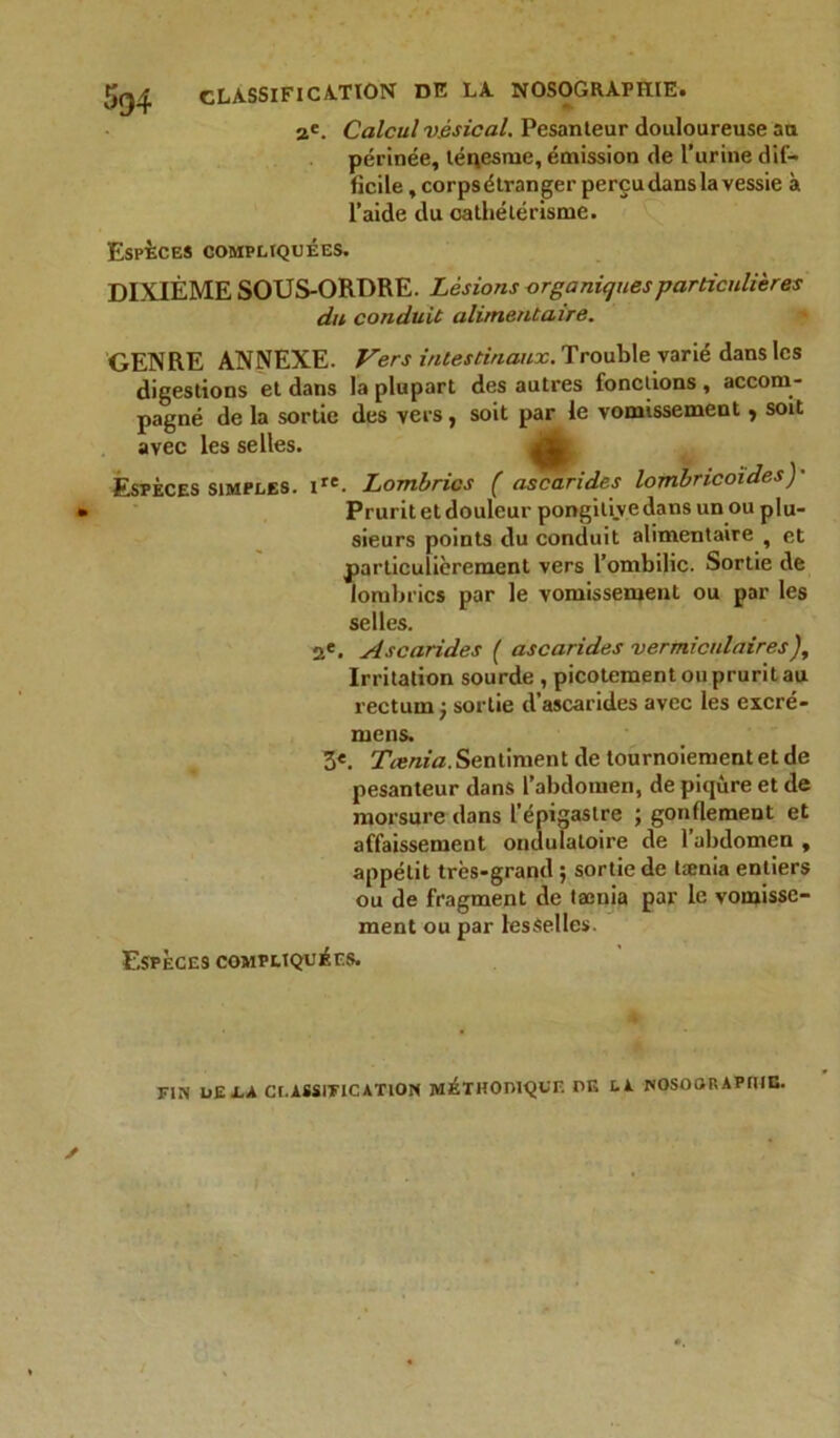 $94 CLASSIFICATION DE LA NOSOGRAPHIE. 2e. Calcul vésical. Pesanteur douloureuse au périnée, ténesme, émission de l’urine dif- ficile , corpsétranger perçu dans la vessie à l’aide du cathétérisme. Espèces compliquées. DIXIÈME SOUS-ORDRE. Lésions organiques particulières du conduit alimentaire. GENRE ANNEXE. Vers intestinaux. Troublevarié dans les digestions et dans la plupart des autres fonctions , accom- pagné de la sortie des vers, soit par le vomissement , soit avec les selles. Espèces simples. ire. Lombrics ( ascarides lombricoides)- Prurit et douleur pongilive dans un ou plu- sieurs points du conduit alimentaire , et particulièrement vers l’ombilic. Sortie de lombrics par le vomissement ou par les selles. 2e. Ascarides ( ascarides vermiculaires). Irritation sourde , picotement ou prurit au rectum j sortie d’ascarides avec les cxcré- mens. 3«. Tænia. Sentiment de tournoiement et de pesanteur dans l’abdomen, de piqûre et de morsure dans l’épigastre ; gonflement et affaissement ondulatoire de l’abdomen , appétit très-grand ; sortie de tænia entiers ou de fragment de tænia par le vomisse- ment ou par lesSelles. Espèces compliquées. FIN UE LA CLASSIFICATION MÉTHODIQUE DE LA NOSOGRAPHIE.