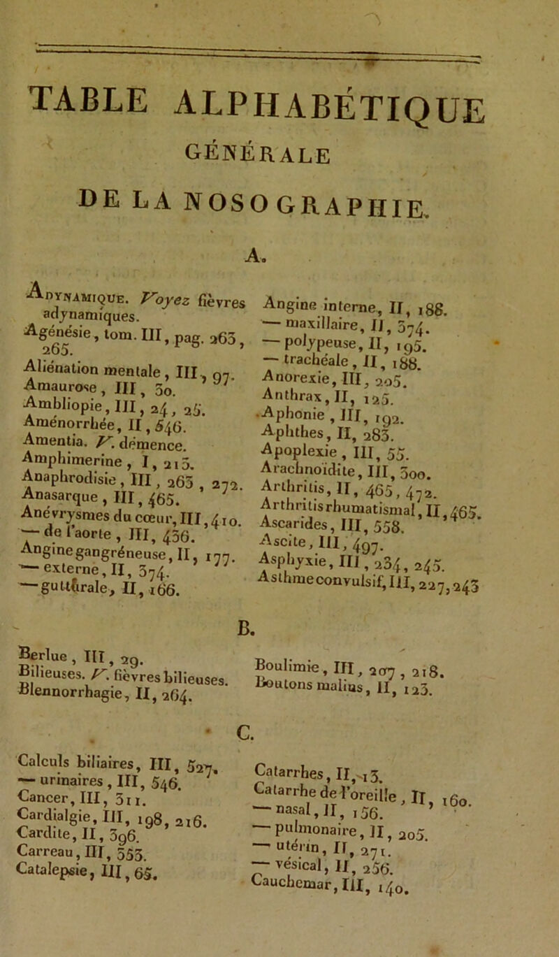 TABLE ALPHABÉTIQUE générale * DE LA NOSOGRAPHIE. A. ■Auyiumique. Voyez fièvres adynamiques. AÇ6n5ésie »lom- III, pag. a65, Aliénation mentale , III. Q7. Amaurose, III, 50 r Ambliopie,III,24, 25. Amenorrliée, 11,546. Amentia. ^.démence. Amphimerine, I, ai5. Anaphrodisie , III, a65 , 272 Anasarque , III, 465. Anévrysmes du cœur, III, 4 j0 ~~ de l’aorte , III, 456. Angine gangréneuse II, I77 — externe, II, 574. — gutturale, II, 166. Angine interne, II, ,88. — maxillaire, IJ, 5^4. — polypeuse, II, ,95. — trachéale. II, ,8b. Anorexie, III, 2o5. Anthrax, II, ,25. •Aphonie , III, ,q2. Aphthes, II, 283. Apoplexie , III, 55. Arachnoïdite, III, 5oo. Arlhritis, II, 465,472. Arthntis rhumatismal, 11,465 Ascarides, III, 558. Ascite, 111, 497. Asphyxie, III, 234, 245. Aslhmeconvulsif,IlI, 227 24’ Berlue , III, 29. Bilieuses. V. fièvres bilieuses. Blennorrhagie, II, 264. B. Boulimie, III, 207,218. Boutons mafias, II, ,23. c. Calculs biliaires, III, 5™ — urinaires , III, 546. Cancer, III, Su. Cardialgie, III, 198,2,6. Cardite, II, 596. Carreau, III, 553 Catalepsie, 111,65. Catarrhes, II,^3 Catarrhedel’oreiite, IT, t6o. — nasal. Il, ,55. — pulmonaire, II 2o5 — utérin, II, 27,. vésical, H, 256. Cauchemar, III, ,40.
