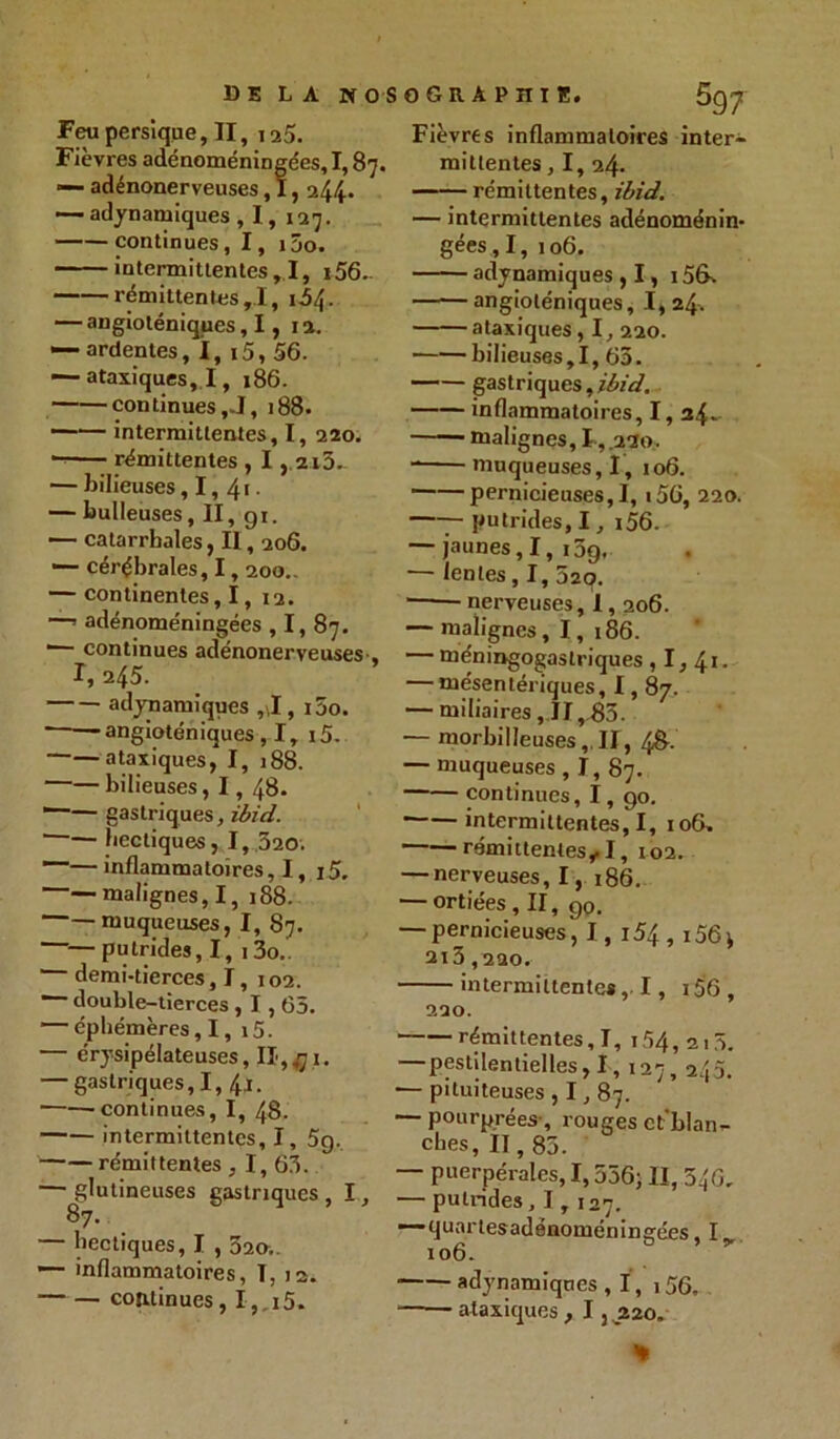 Feupersique, II, i25. Fièvres adénoméningées, 1,87. — adénonerveuses, 1, 244* — adynamiques , I, 127. continues , 1, 100. intermittentes,I, i56. rémittentes,!, i54- — angioténiques, 1, 12. — ardentes, I, i5, 56. — ataxiques, I, 186. continues ,J, 188. —— intermittentes, I, 220. — rémittentes , 1,218. — bilieuses, I, 41 • — bulleuses, II, gi. — catarrhales, II, 206. — cérébrales, 1,200.. — continentes, 1, 12. —’ adénoméningées , I, 87. continues adénonerveuses-, I, 245. adynamiques ,\I, i5o. ~~—angioténiques , I, i5. ——ataxiques, I, 188. —— bilieuses, 1,48. —— gastriques, ibid. '—— hectiques, I, 320. ■—— inflammatoires, I, \S. — malignes, I, 188. — muqueuses, I, 87. — putrides, I, 13o.. demi-tierces, 1, 102. ’ double-tierces, 1,65. — éphémères, I, i5. — érysipélateuses, II, $ 1. — gastriques, I, 4,1. -continues, I, 48. intermittentes, I, 5g.. rémittentes , I, 63. — glutineuses gastriques , I, 87. — hectiques, I , 820;. — inflammatoires, T, 12. — — continues, I,,i5. Fièvres inflammatoires inter- mittentes , I, 24. rémittentes, ibid. — intermittentes adénoménin- gées ,1,106. adynamiques , I, i56. angioténiques, 1, 24. ataxiques, I, 220. bilieuses,I, 63. gastriques,#/*/. inflammatoires, I, 24. malignes, I,. 220. muqueuses,!, 106. pernicieuses, I, i56, 220. y- putrides, I, i56. — jaunes, I, 13g. — lentes , I, 820. nerveuses, 1,206. — malignes, I, 186. — méningogastriques , I, 41- — mésentériques, 1,87. — miliaires, 11,83- — morbilleuses, II, 48-.' — muqueuses , I, 87. continues, I, go. ■ intermittentes, I, 106. rémittentes,. 1, 102. — nerveuses, 1, 186. — ortiées, II, go. — pernicieuses, 1, 154,156 * 2l3,220. intermittentes, !, i56, 220. rémittentes, I, 154, 218. — pestilentielles, 1, 127, 245. ■—pituiteuses , 1,87. — pourprées-, rouges ct’blan- ches, II, 83. — puerpérales, 1,336; II, 54G, — putrides, 1,127. — quarlesadënoméningées, ly 106. adynamiques , 1, 156, —— ataxiques , I,.220. %