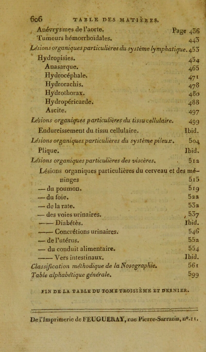 Anévrysmes de l’aorte. Page 406 Tumeurs hémorrhoïdales. 443 Lésions organiques particulières du système lymphatique. 453 Hydropisies. 454 Anasarque. 465 Hydrocéphale. 471 Hydrorachis. 478 Hydrothorax. 480 Hydropéricarde. 488 Ascite. 4 gy Lésions organiques particulières du tissu cellulaire. 4gg Endurcissement du tissu cellulaire. Ibid. Lésions organiques particulières du système pileux. 504 Plique. Ibid. Lésions organiques particulières des viscères. , 51 a Lésions organiques particulières du cerveau et des mé- ninges 515 — du poumon. 519 — du foie. 521 — de la rate. 53a — des voies urinaires. , 53y —•— Diabétès. Ibid. —.— Concrétions urinaires. 546 — de l’utérus. 55a — du conduit alimentaire. 554 Vers intestinaux. Ibid. Classification méthodique de la Nosographie. 561 Table alphabétique générale. 599 FIN DE LA TABLE DU TOME TROISIEME ET DERNIER. De l'Imprimerie de FEUGUERAY,rue Pierre-Sarraziu, n°.i 1.