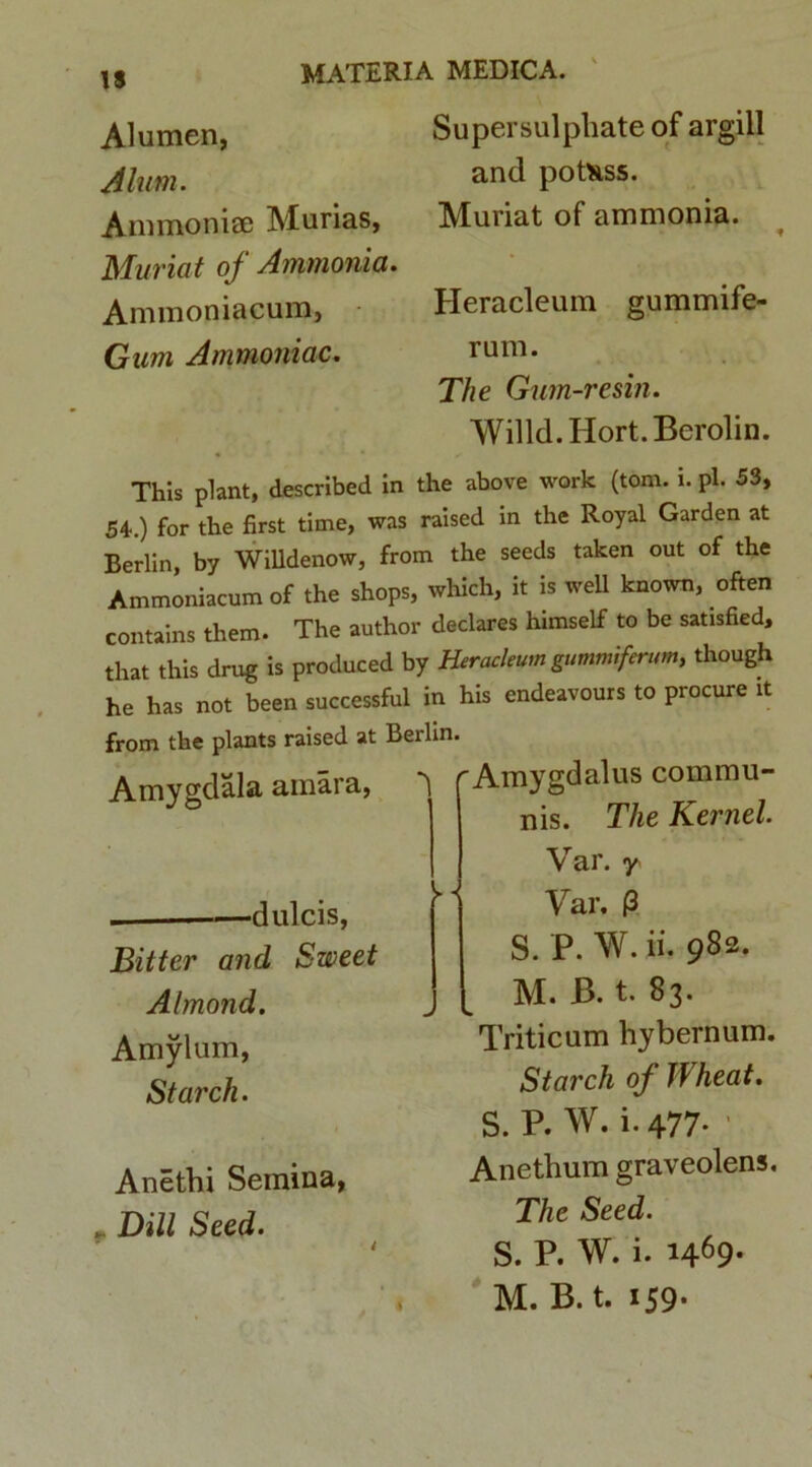 Alumen, Alum. Ammonia} Murias, Muriat of Ammonia. Ammoniacum, Gum Ammoniac. Supersulphate of argill and potfcss. Muriat of ammonia. Heracleum gummife- rum. The Gum-resin. Willd. Hort. Berolin. This piant, described In the above work (tom. i. pl. 53, 54..) for the first time, was raised in the Royal Garden at Berlin, by WiUdenow, from the seeds taken out of the Ammoniacum of the shops, which, it is weU known, often contains them. The author declares himself to be satisfied, that this drug is produced by Heracleum gummiferum, though he has not been successful in his endeavours to procure it from the plants raised at Berlin. Amygdala amara, dulcis, Bitter and Sweet Almond. Amylum, Starch. rAmygdalus commu- nis. The Kernel. Var. y Var. (3 S. P. W. ii. 982. M. B. t. 83. Triticum hybernum. Starch of JVheat. S. P. W. i. 477- Anethi Semina, „ Bili Seed. i Anethum graveolens. The Seed. S. P. W. i. 1469-