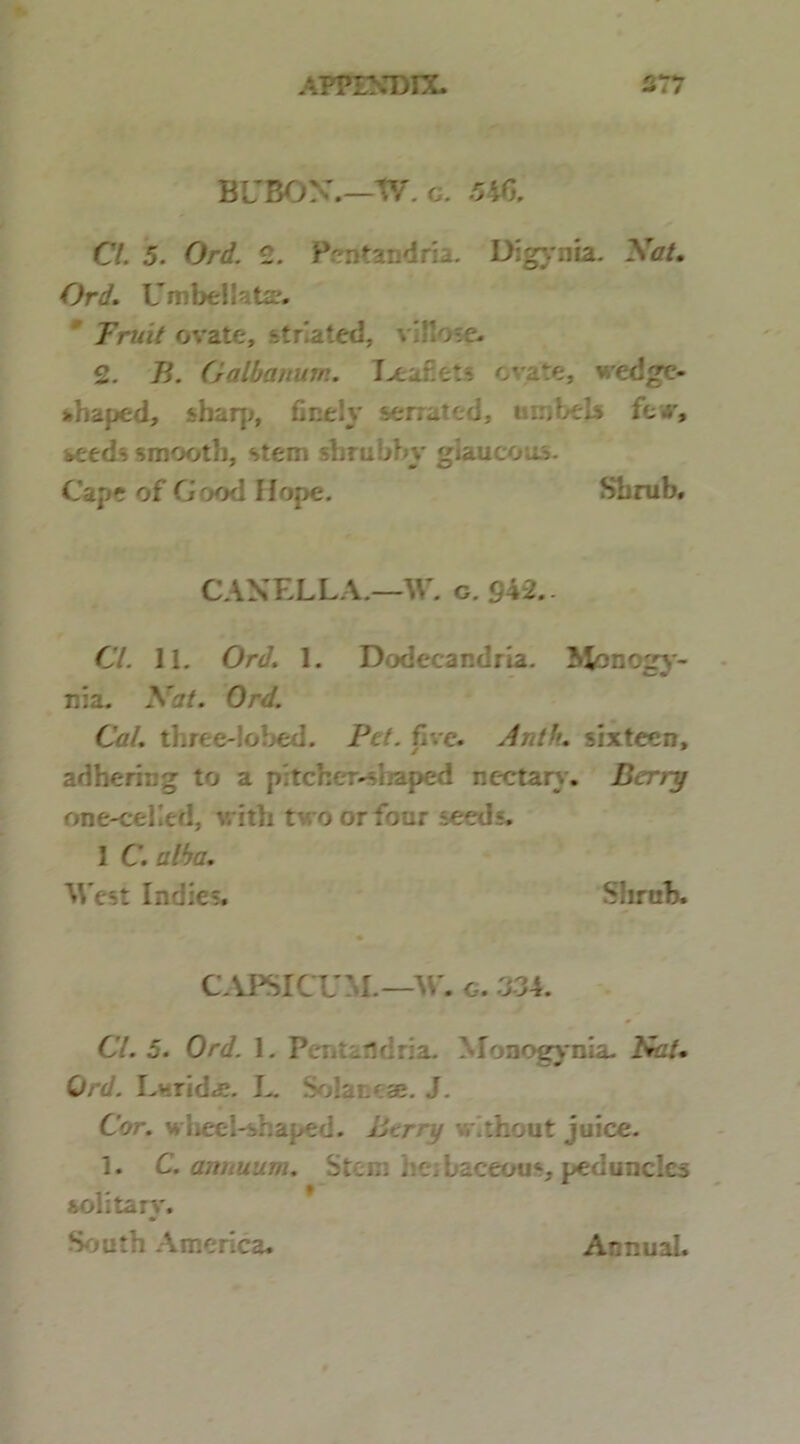 BUBOX.—W. c. -540. Cl. 5. Ord. t. Pentandria. Digynia. Afa/# Ord. Umbelkts. Truit ovate, striated. vXote. 2. 7?. Galbanum. Lear. et*. cate, vedge- *haped, sharp, fineiy serrat cd, tr..;bel-> fe»', seeds smooth, stem sbrubby giaucou.-. Cape of Good Ilope. Sbrub, CAXELLA.—W. c. £42.- 67. 11. Ord. 1. Dodccandria. Jfcsnogy- ni a. JVtf/. Ord. Ciz/. three-lobed. Pe/, fivc. Antfu sixtecn, adherir.g to a pitcher^Laped nectar.. Bamy one-ceKetl, v.ith tv.o or four «eeds. 1 C'. alba. West Indies. Shrub. capsicu: i.—w. g. :m. CL 5. Ord. 1. Perit.ndria. Monogynia. 2vc/. Ord. Laridae. L. Sola reae. J. Cor. wheel-shaped. licrry without juice. 1. C. annuum. Stem he. baceous, peduncles solitarv. South America. Artnual.