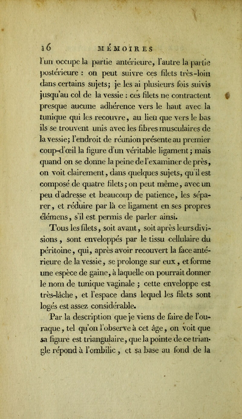 \6 î un occupe la jwde anterieure, l’autre la partie j)osterieure : on peut suivre ces filets très-loin dans certains sujets; je les ai plusieurs fois suivis jusqu’au col de la vessie : ces filets ne contractent presque aucune adhérence vers le haut avec la tunique qui les recouvre, au lieu que vers le bas ils se trouvent unis avec les fibres musculaires de la vessie; l’endroit de réunion présente au premier coup-d’œil la figure d’un véritable ligament ; mais quand on se donne la peine de l’examiner de près, on voit clairement, dans quelques sujets, qu’il est composé de quatre filets ; on peut même, avec un peu d’adresse et beaucoup de patience, les sépa- rer , et réduire par là ce ligament en ses propres élémens, s’il est permis de parler ainsi. Tous les filets, soit avant, soit après leurs divi- sions , sont enveloppés par le tissu cellulaire du péritoine, qui, après avoir recouvert la face anté- rieure de la vessie, se prolonge sur eux, et forme une espèce de gaine, à laquelle on pourrait donner le nom de tunique vaginale ; cette enveloppe est très-lâche, et l’espace dans lequel les filets sont logés est assez considérable. 'Par la description que je viens de faire de l’ou- raque, tel qu’on l’observe à cet âge, on voit que sa figure est triangulaire, que la pointe de ce trian- gle répond à l’ombilic , et sa base au fond de la