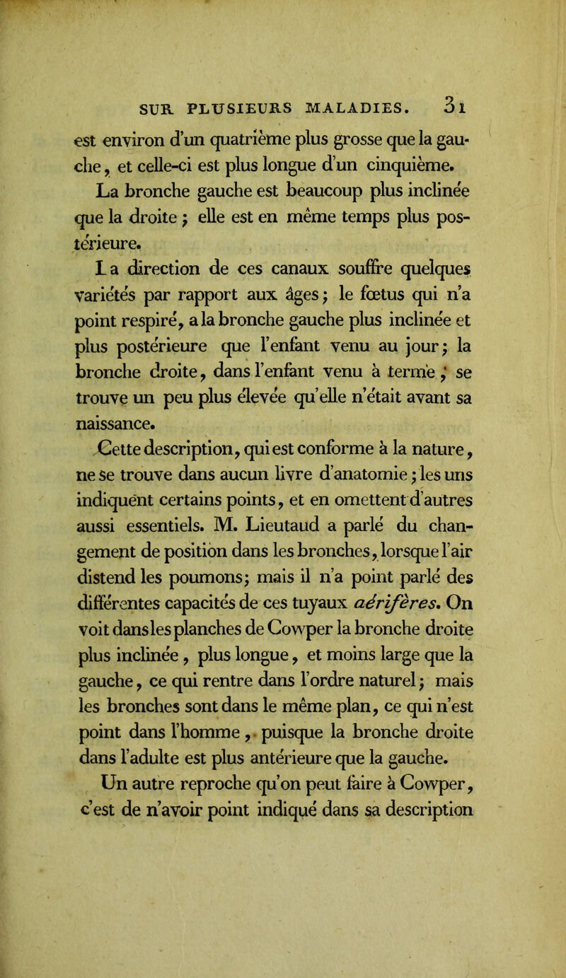 est environ d’un quatrième plus grosse que la gau- che , et celle-ci est plus longue d’un cinquième. La bronche gauche est beaucoup plus inclinée que la droite } elle est en meme temps plus pos- térieure. L a direction de ces canaux soufifre quelques variétés par rapport aux âges j le fœtus qui n a point respiré, a la bronche gauche plus inclinée et plus postérieure que l’enfant venu au jour; la bronche droite, dans l’enfant venu à termese trouve un peu plus élevée qu’elle n’était avant sa naissance. Cette description, qui est conforme à la nature, ne Se trouve dans aucun livre d’anatomie ; les uns indiquent certains points, et en omettent d’autres aussi essentiels. M. Lieutaud a parlé du chan- gement de position dans les bronches, lorsque l’air distend les poumons; mais il n’a point parlé des différentes capacités de ces tuyaux aérîfères* On voit dans les planches de Gowper la bronche droite plus inclinée , plus longue, et moins large que la gauche, ce qui rentre dans l’ordre naturel ; mais les bronches sont dans le même plan, ce qui n’est point dans l’homme , puisque la bronche droite dans l’adulte est plus antérieure que la gauche. Un autre reproche qu’on peut faire à Gowper, c’est de n’avoir point indiqué dans sa description