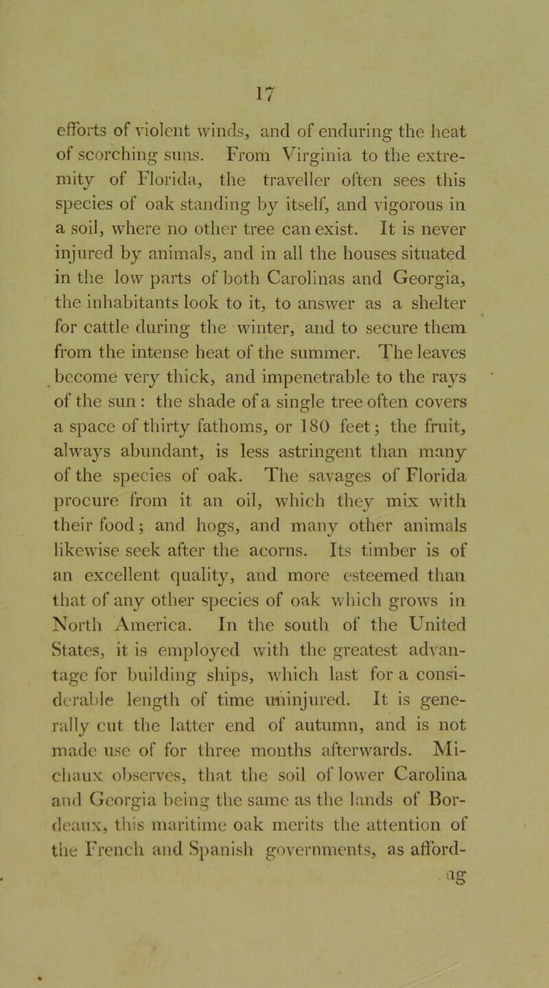 efforts of violent winds, and of enduring the lieat of scorching suns. From Virginia to the extre- mity of Florida, the traveller often sees this species of oak standing by itself, and vigorous in a soil, where no other tree can exist. It is never injured by animals, and in all the houses situated in the low parts of both Carolinas and Georgia, the inhabitants look to it, to answer as a shelter for cattle during the winter, and to secure them from the intense heat of the summer. The leaves become very thick, and impenetrable to the rays of the sun: the shade of a single tree often covers a space of thirty fathoms, or 180 feet; the fruit, always abundant, is less astringent than many of the species of oak. The savages of Florida procure from it an oil, which they mix with their food; and hogs, and many other animals likewise seek after the acorns. Its timber is of an excellent quality, and more esteemed than that of any other species of oak which grows in North America. In the south of the United States, it is employed with the greatest advan- tage for building ships, which last for a consi- derable length of time iminjured. It is gene- rally cut the latter end of autumn, and is not made use of for three months afterwards. Mi- chaux observes, that the soil of lower Carolina and Georgia being the same as the lands of Bor- deaux, this maritime oak merits the attention of the French and Spanish governments, as afford-