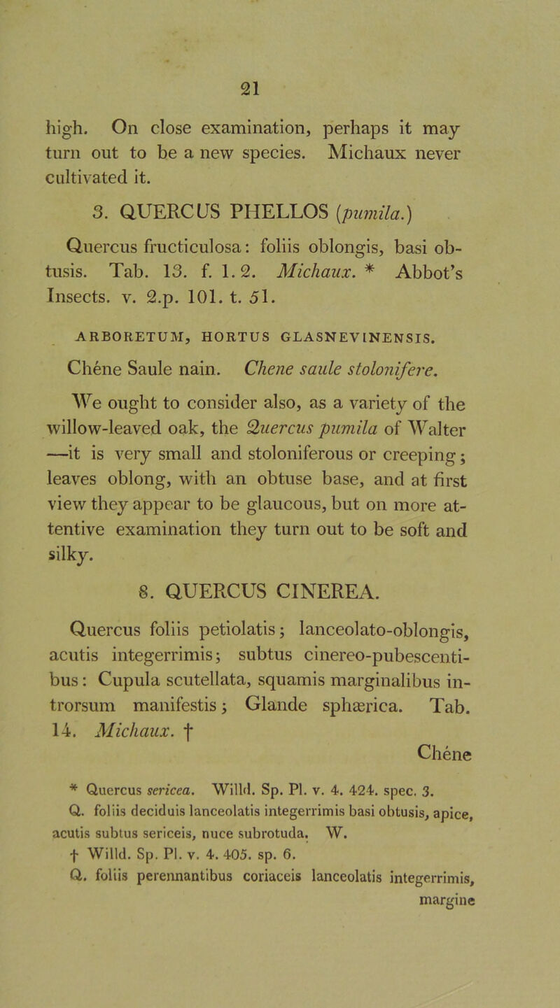 high. On close examination, perhaps it may turn out to be a new species. Michaux never cultivated it. 3. aUERCUS PHELLOS {pumila.) Quercus fructiculosa: foliis oblongis, basi ob- tusis. Tab. 13. f, 1.2. Michaux. * Abbot’s Insects. V. 2.p. 101. t. 51. ARBORETUM, HORTUS GLASNEVINENSIS. Chene Saule nain. Chene saiile stolonifere. We ought to consider also, as a variety of the willow-leaved oak, the Quercus pumila of Walter —it is very small and stoloniferous or creeping; leaves oblong, with an obtuse base, and at first view they appear to be glaucous, but on more at- tentive examination they turn out to be soft and silky. 8. QUERCUS CINEREA. Quercus foliis petiolatis; lanceolato-oblongis, acutis integerrimis; subtus cinereo-pubescenti- bus: Cupula scutellata, squamis marginalibus in- trorsum manifestis; Glande sph£erica. Tab. 14. Michaux. f Chene * Quercus sericea. Willd. Sp. PI. v. 4>. 424, spec. 3. Q. foliis deciduis lanceolatis integerrimis basi obtusis, apice, acutis subtus sericeis, nuce subrotuda. W. f Willd. Sp. PI. V. 4. 405. sp. 6. Q. foliis perennantibus coriaceis lanceolatis integerrimis, margine