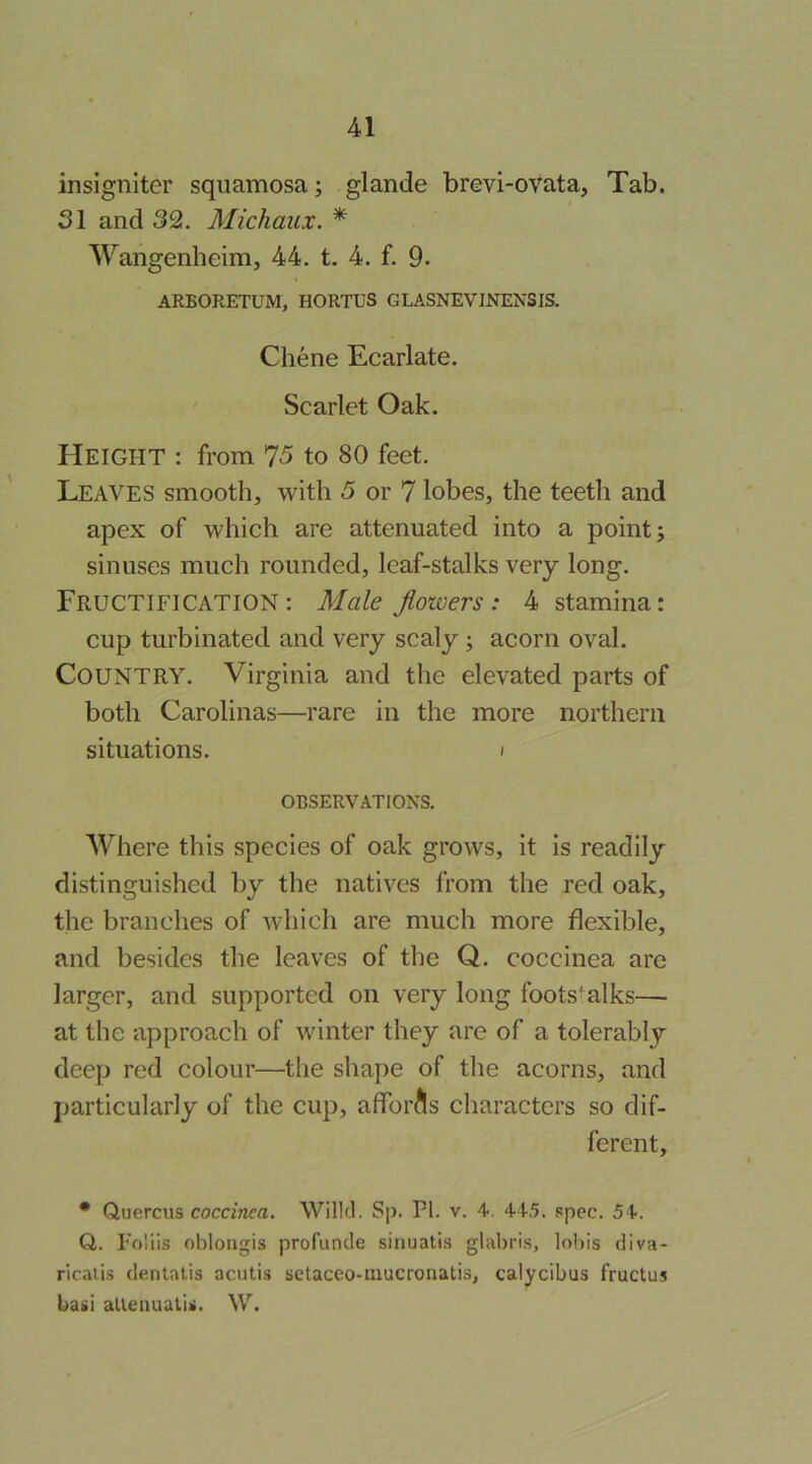 insigniter squamosa; glande brevi-ovata. Tab. SI and 32. Michaux. * Wangenlieim, 44. t. 4. f. 9. ARBORETUM, HORTUS GLASNEVINENSIS. Chene Ecarlate. Scarlet Oak. Height : from 75 to 80 feet. Leaves smooth, with 5 or 7 lobes, the teeth and apex of which are attenuated into a point; sinuses much rounded, leaf-stalks very long. Fructification: Male flowers: 4 stamina: cup turbinated and very scaly; acorn oval. Country. Virginia and the elevated parts of both Carolinas—rare in the more northern situations. > OBSERVATIONS. AVhere this species of oak grows, it is readily distineruished bv the natives from the red oak, the branches of which are much more flexible, and besides the leaves of the Q. coccinea are larger, and supported on very long footstalks— at the approach of winter they are of a tolerably deep red colour—the shape of the acorns, and particularly of the cup, afforAs characters so dif- ferent, * Quercus coca'Ttf'a. WillJ. Sp. PI. v. 4. 445. spec. 54. Q. Polils oblongis profuncle sinuatis glabris, lobis diva- ricails dentatis acutis setaceo-tuucronatis, calycibus fructu.5 baiii allenuatiii. W.