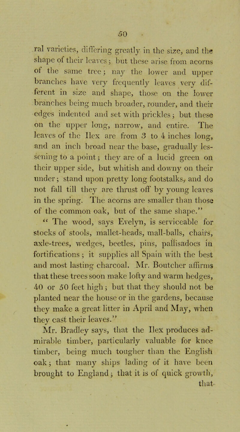 ral varieties, differing greatly in the size, and the shape oi their leaves; but these arise from acorns of the same tree; nay the lower and upper branches have very frequently leaves very dif- ferent in size and shape, those on the lower branches being much broader, rounder, and their edges indented and set with prickles j but these on the upper long, narrow, and entire. The leaves of the Ilex are from 3 to 4 inches long, and an inch broad near the base, gradually les- sening to a point; they are of a lucid green on their upper side, but whitish and downy on their imder; stand upon pretty long footstalks,v and do not fall till they are thrust off by young leaves in the spring. The acorns are smaller than those of the common oak, but of the same shape.” “ The wood, says Evelyn, is serviceable for stocks of stools, mallet-heads, mall-balls, chairs, axle-trees, w’edges, beetles, pins, pallisadoes in fortifications ; it supplies all Spain with the best and most lasting charcoal. Mr. Boutcher affirms that these trees soon make lofty and warm hedges, - 40 or 50 feet high; but that they should not be planted near the house or in the gardens, because they make a great litter in April and May, when they cast their leaves.” Mr. Bradley says, that the Ilex produces ad- mirable timber, particularly valuable for knee timber, being much tougher than the English oak j that many ships lading of it have been brought to England j that it is of quick growth, that-