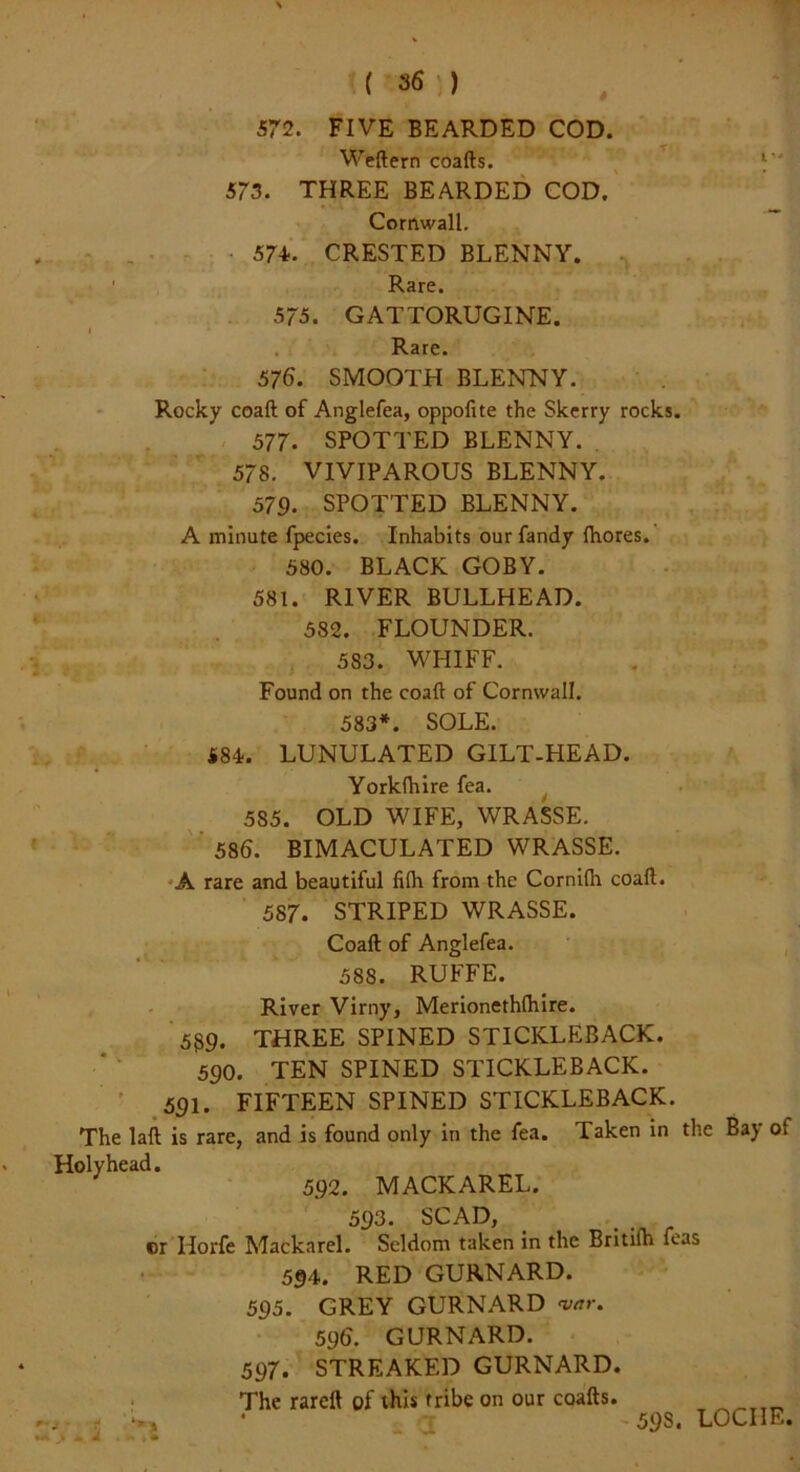 572. FIVE BEARDED COD. Weftern coafts. 573. THREE BEARDED COD. Cornwall. 574. CRESTED BLENNY. Rare. 5 75. GATTORUGINE. Rare. 576. SMOOTH BLENNY. Rocky coafl of Anglefea, oppofite the Skerry rocks. 577. SPOTTED BLENNY. . 578. VIVIPAROUS BLENNY. 579. SPOTTED BLENNY. A minute fpecies. Inhabits ourfandy fhores. 580. BLACK GOBY. 581. RIVER BULLHEAD. 582. FLOUNDER. 583. WHIFF. Found on the coaft of Cornwall. 583*. SOLE. S84. LUNULATED GILT-HEAD. Yorklhire fea. 585. OLD WIFE, WRASSE. 586. BIMACULATED WRASSE. A rare and beautiful filh from the Cornilh coaft. 587. STRIPED WRASSE. Coaft of Anglefea. 588. RUFFE. River Virny, Merionethfhire. 5S9. THREE SPINED STICKLEBACK. 590. TEN SPINED STICKLEBACK. 591. FIFTEEN SPINED STICKLEBACK. The laft is rare, and is found only in the fea. Taken in the Bay of Holyhead. 592. MACKAREL. 593. SCAD, er Horfe Mackarel. Seldom taken in the Britifh feas 594. RED GURNARD. 595. GREY GURNARD var. ' ■ • “ > * i 596. GURNARD. 597. STREAKED GURNARD. The rareft of this tribe on our coafts. 59s. LOCIIE.