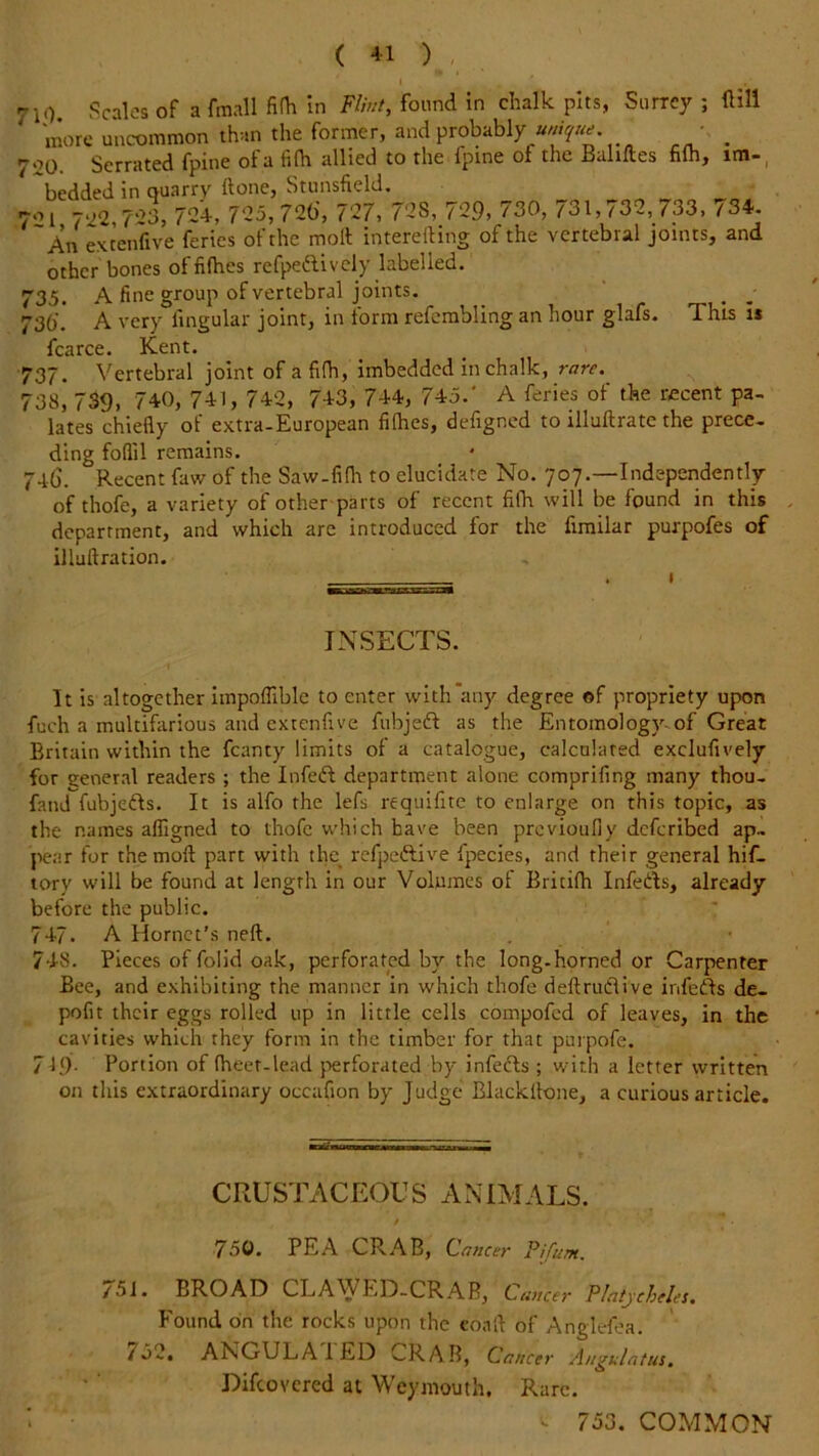 -1 ^7 *-1 ^7 I ... -iO. Scales of a fmall fifh In Flint, found in chalk pits, Surrey ; Hill more uncommon than the former, and probably unique. . 7'20. Serrated fpine of a fifh allied to the {pine of the Baliftes filh, lm- bedded in quarry ftone, Stunsfield. 7° 1 702,723, 724, 7“25, 726, 727) 72S, 729> 730, / 31,732, 733, 734. ~An extenfive feries of the molt intereiling of the vertebral joints, and other bones of fifties refpeftively labelled. 35. A fine group of vertebral joints. 3b. A very lingular joint, in form refembling an hour glafs. This is fcarce. Kent. 37. Vertebral joint of a fifh, imbedded in chalk, rare. 38, 739, 740, 741, 742, 743, 744, 745.' A feries of the recent pa- lates chiefly of extra-European fifties, defigned to illuftrate the prece- ding foflil remains. 746'. Recent faw of the Saw-fifii to elucidate No. 707.—Independently of thofe, a variety of other parts of recent fifh will be found in this department, and which are introduced for the fimilar purpofes of illuftration. INSECTS. It is altogether impoflible to enter with any degree of propriety upon fuch a multifarious and extenfive fubjeft as the Entomology of Great Britain within the fcanty limits of a catalogue, calculated exclufively for general readers ; the Infeft department alone comprifing many thou- fand fubjefts. It is alfo the lefs requifite to enlarge on this topic, as the names afligned to thofe which have been previoufiy deferibed ap- pear for the molt part with the refpeftive fpecies, and their general hif- tory will be found at length in our Volumes of Britifh Infeds, already before the public. 747. A Hornet’s neft. 748. Pieces of folid oak, perforated by the long.horned or Carpenter Bee, and exhibiting the manner in which thofe deftruClive infefts de- pofit their eggs rolled up in little cells compofed of leaves, in the cavities which they form in the timber for that purpofe. 719- Portion of fheet-lead perforated by infefts ; with a letter written on this extraordinary occafion by Judge Blackllone, a curious article. CRUSTACEOUS ANIMALS. / 750. PEA CRAB, Cancer Pifum. /51. BROAD CLAWED-CRAB, Cancer Platycheles. Found on the rocks upon the eoafl of Anglefea. 732. ANGULA 1 ED CRAB, Cancer 'Angulatus. Difcovered at Weymouth. Rare. t 753. COMMON