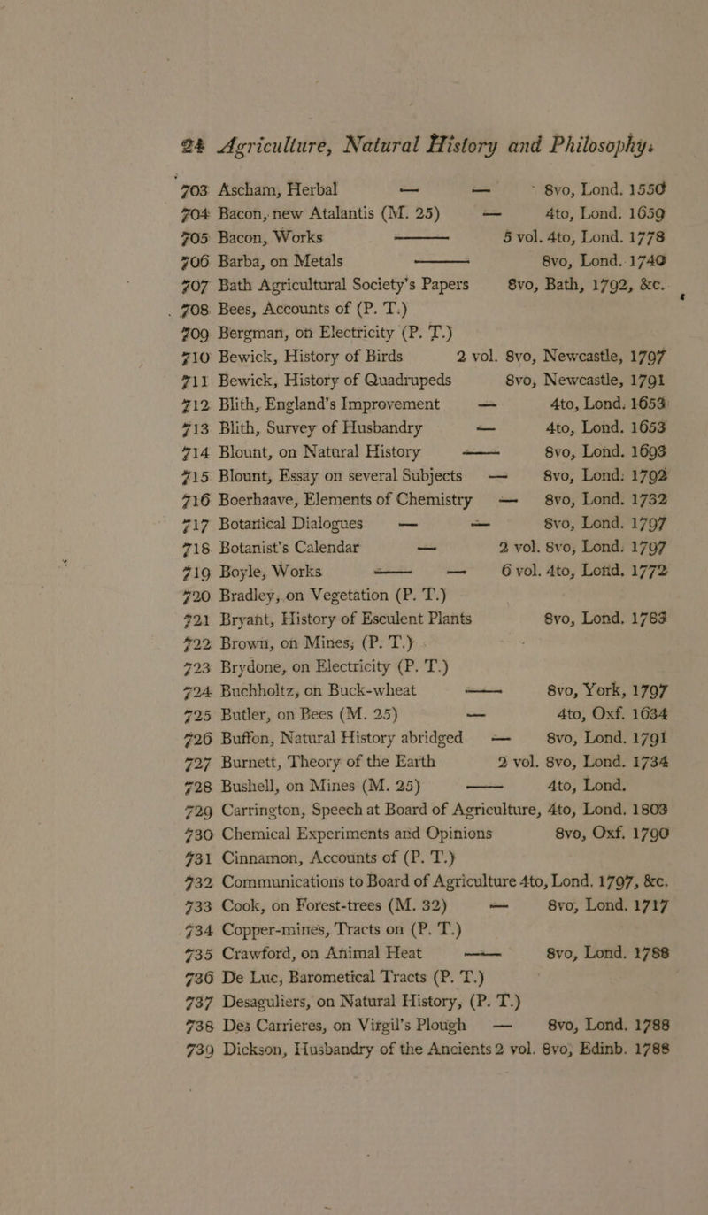 “703 Ascham, Herbal — — - Svo, Lond, 1550 704 Bacon, new Atalantis (M. 25) a 4to, Lond. 1659 05 Bacon, Works : 5 vol. 4to, Lond. 1778 706 Barba, on Metals 8vo, Lond. 1740 407 Bath Agricultural Society’s Papers Svo, Bath, 1792, &amp;c. . 708 Bees, Accounts of (P. T.) 709 Bergman, on Electricity (P. T.) 710 Bewick, History of Birds 2 vol. 8vo, Newcastle, 1797 711 Bewick, History of Quadrupeds 8vo, Newcastle, 1791 4712 Blith, England’s Improvement —_ 4to, Lond. 1653 #13 Blith, Survey of Husbandry — 4to, Lond. 1653 714 Blount, on Natural History —— 8vo, Lond. 1693 415 Blount, Essay on several Subjects — 8vo, Lond: 1792 716 Boerhaave, Elements of Chemistry — 8vo, Lond. 1732 717 Botartical Dialogues — — Svo, Lond. 1797 718. Botanist’s Calendar — 4 vol. 8vo, Lond. 1707 419 Boyle, Works #720 Bradley,.on Vegetation (P. T.) : #21 Bryant, History of Esculent Plants 8vo, Lond, 1783 #92, Brown, on Mines; (P. T.) - 793 Brydone, on Electricity (P. T.) — 6 vol. 4to, Lond. 1772 #94 Buchholtz, on Buck-wheat sts 8vo, York, 1707 725 Butler, on Bees (M. 25) —_ 4to, Oxf. 1634 #26 Buffon, Natural History abridged — 8vo, Lond. 1791 797 Burnett, Theory of the Earth 2 vol. 8vo, Lond. 1734 “28 Bushell, on Mines (M. 25) Ato, Lond. 729 Carrington, Speech at Board of Agriculture, 4to, Lond. 1803 430 Chemical Experiments ard Opinions 8vo, Oxf. 1790 431 Cinnamon, Accounts of (P. T.) 439, Communications to Board of Agriculture 4to, Lond. 1797, &amp;c. 733 Cook, on Forest-trees (M. 32) — 8vo, Lond. 1717 434 Copper-mines, Tracts on (P. T.) #735 Crawford, on Animal Heat ene 8vo, Lond. 1788 436 De Lue, Barometical Tracts (P. T.) 737 Desaguliers, on Natural History, (P. T.) 738 Des Carrieres, on Virgil’s Plough — 8vo, Lond. 1788 739 Dickson, Husbandry of the Ancients 2 vol. 8vo, Edinb. 1788