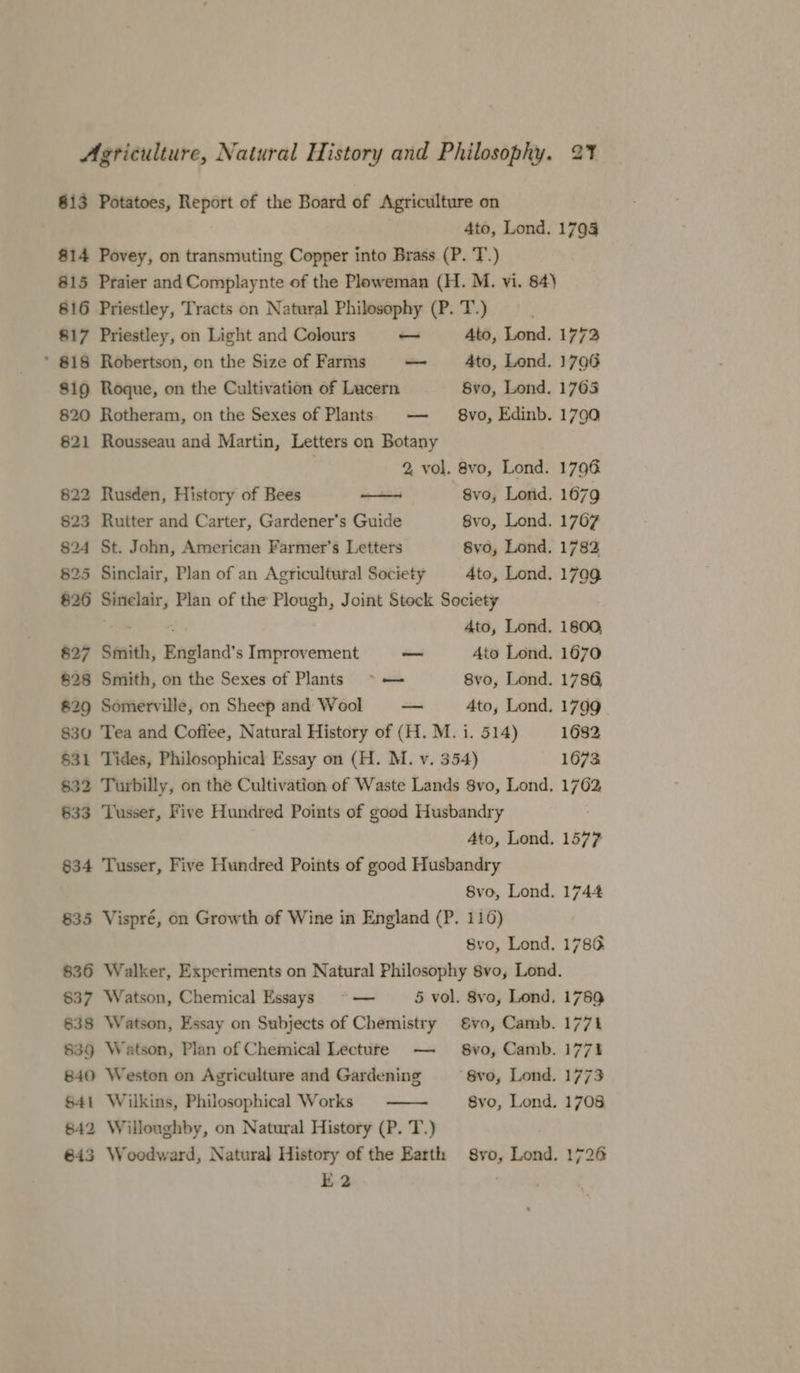 813 Potatoes, Report of the Board of Agriculture on 4to, Lond. 1794 $14 Povey, on transmuting Copper into Brass (P. 'T.) 815 Praier and Complaynte of the Ploweman (H. M. vi. 84) 816 Priestley, Tracts on Natural Philosophy (P. T.) : $17 Priestley, on Light and Colours — Ato, Lond. 17723 * 818 Robertson, on the Size of Farms — 4to, Lond. 1796 $19 Roque, on the Cultivation of Lucern 8vo, Lond. 1763 820 Rotheram, on the Sexes of Plants — 8vo, Edinb. 1790 821 Rousseau and Martin, Letters on Botany . 2 vol. 8vo, Lond. 17946 822 Rusden, History of Bees 8vo, Lorid. 1679 §23 Rutter and Carter, Gardener's Guide 8vo, Lond. 1767 824 St. John, American Farmer’s Letters 8yo, Lond. 17823 825 Sinclair, Plan of an Agricultural Society Ato, Lond. 1799 $26 Sinelair, Plan of the Plough, Joint Steck Society * . Ato, Lond, 1800 827 Smith, England's Improvement —_ Ato Lond. 1670 828 Smith, on the Sexes of Plants ~*~ — 8vo, Lond. 1786, 829 Somerville, on Sheep and Wool = Ato, Lond. 1799 830 Tea and Coffee, Natural History of (H. M. i. 514) 1682 831 Tides, Philosophical Essay on (H. M. v. 354) 1673 832 Turbilly, on the Cultivation of Waste Lands 8vo, Lond. 1762, 633 Tusser, Five Hundred Points of good Husbandry . 4to, Lond. 1577 834 Tusser, Five Hundred Points of good Husbandry 8vo, Lond. 1744 835 Vispré, on Growth of Wine in England (P. 116) Svo, Lond. 1786 836 Walker, Experiments on Natural Philosophy 8vo, Lond. 837 Watson, Chemical Essays ~— 5 vol. 8vo, Lond. 178 838 Watson, Essay on Subjects of Chemistry vo, Camb. 1771 839 Watson, Plan of Chemical Lecture — §vo, Camb. 1771 840 Weston on Agriculture and Gardening ‘8vo, Lond. 1773 $41 Wilkins, Philosophical Works 8yo, Lond. 1708 $42 Willoughby, on Natural History (P. T.) 643 Woodward, Natural History of the Earth Syo, Lond. 1726 E2