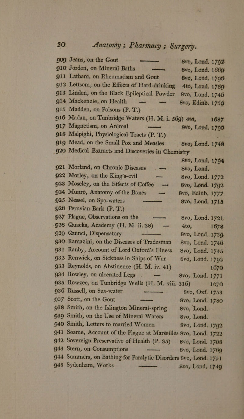 g0g Jeans, on the Gout 8vo, Lond. 910 Jorden, on Mineral Baths es 8vo, Lond. 911 Latham, on Rheumatism and Gout 8vo, Lond. 912 Lettsom, on the Effects of Hard-drinking 4to, Lond. 913 Linden, on the Black Epileptical Powder 8vo, Lond. 942 Sovereign Preservative of Health (P. 35) 8yvo, Lond. 943 Stern, on Consumptions 8xo, Lond, 945 Sydenham, Works 1792 1669 1796 1789 1746 914 Mackenzie, on Health — — 8vo, Edinb. 1759 915 Madden, on Poisons (P. T.) 916 Madan, on Tunbridge Waters (H. M. i, 569) 4to, 1687 917 Magnetism, on Animal wet 8vo, Lond. 1796 918 Malpighi, Physiological Tracts (P. T.) 919 Mead, on the Small Pox and Measles — 80; Lond. 1744 920 Medical Extracts and Discoveries in Chemistry 8vo, Lond. 1744 921 Morland, on Chronic Diseases . —~ 8vo, Lond. 922 Morley, on the King’s-evil — 8vo, Lond. 1772 923 Moseley, on the Effects of Coffee -—. 8vo, Lond. 1792 924 Munro, Anatomy of the Bones ~~ 8vo, Edinb. 1777 925 Nessel, on Spa-waters saan 8vo, Lond, 1715 926 Peruvian Bark (P. T.) 927 Plague, Observations on the — 8vo, Lond. 1721 928 Quacks, Academy (H. M. ii.28) — Ato, 1678 929 Quinci, Dispensatory 8vo, Lond. 1736 930 Ramazini, on the Diseases of Tradesman 8vo, Lond. 1746 931 Ranby, Account of Lord Oxford’s Illness 8vo, Lond. 1745 932 Renwick, on Sickness in Ships of War 8vo, Lond. 1792 933 Reynolds, on Abstinence (H. M. iv. 41) 1670 934 Rowley, on ulcerated Legs . —_ 8vo, Lond. 1771 935 Rowzee, on Tunbridge Wells (H. M. viii. 316) 1670 936 Russell, on Sea-water —_—— 8vo, Oxf. 1753 037 Scott, on the Gout —— 8vo, Lond. 1780 1792 1722 1708 1769 1751 174Q