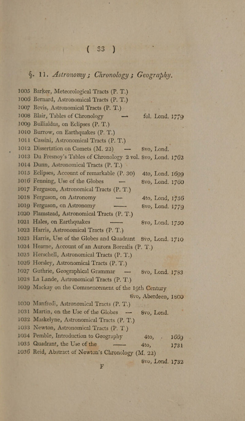 1005 Barker, Meteorological Tracts (P. T.) 1000 Bernard, Astronomical Tracts (P. T.) 1007 Bevis, Astronomical Tracts (P. T.) Sos 1008 Blair, Tables of Chronology — fol. Lond. 1009 Bullialdus, on Eclipses (P. T.) : 1010 Burrow, on Earthquakes (P. T.) 1011 Cassini, Astronomical Tracts (P. T.) 1012 Dissertation on Comets (M. 22) — — 8vo, Lond. 1013 Du Fresnoy’s Tables of Chronology 2 vol. 8vo, Lond. 1014 Dunn, Astronomical Tracts (P. T.) » 1015 Eclipses, Account of remarkable (P. 30) 4to, Lond. 1016 Fenning, Use of the Globes —_— 8vo, Lond. 1017 Ferguson, Astronomical Tracts (P. T.) 1018 Ferguson, on Astronomy — Ato, Lond, 1019 Ferguson, on Astronomy ——- 8vo, Lond. 1020 Flamstead, Astronomical Tracts (P. T.) 1021 Hales, on Earthquakes § -—— 8yo, Lond. 1022 Harris, Astronomical Tracts (P. T.) 1023 Harris, Use of the Globes and Quadrant Svo, Lond. 1024 Hearne, Account of an Aurora Borealis (P. T.) 1025 Herschell, Astronomical Tracts (P. T.) 1026 Horsley, Astronomical Tracts (P. T.) 1027 Guthrie, Geographical Grammar — 8yo, Lond. 1023 La Lande, Astronomical Tracts (P. T.) 1029 Mackay on the Commencement of the 19th Century 8vo, Aberdeen, 1030 Manfredi, Astronomical Tracts (P.T.) 1031 Martin, on the Use of the Globes -— 8yo, Lond. 1032 Maskelyne, Astronomical Tracts (P. T.) 1033 Newton, Astronomical Tracts (P. T.) 1034 Pemble, Introduction to Geography 4to, 1035 Quadrant, the Use of the Ato, 1036 Reid, Abstract of Newton's Chronology (M. 22) 8vo, Lond. F 1779 1762 1609 1760 1756 1779 1750 1783 1600 1669 1731 1732