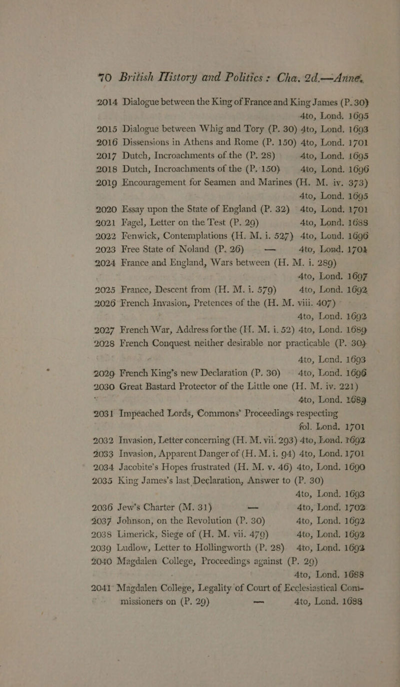 2014 Dialogue between the King of France and King James (P.30} 4to, Lond. 1695 2015 Dialogue between Whig and Tory (P. 30) 4to, Lond. 1693 2016 Dissensions in Athens and Rome (P. 150) 4to, Lond. 1701 2017 Dutch, Incroachments of the (P. 28) 4to, Lond. 1695 2018 Dutch, Incroachments of the (P.'150) 4to, Lond. 1696 2019 coupes WiiaaRL ie for Seamen and Marines (H. M. iy. 373) Ato, Lond. 1695 2020 Essay upon the State of England (P. 32) 4to, Lond. 1701 2021 Fagel, Letter on the Test (P. 29) Ato, Lond. 1688 2022 Fenwick, Contemplations (H. M. i. 527) 4to, Lond. 1696 2023 Free State of Noland (P. 26) — Ato, Lond. 1703 2024 France and England, Wars between (H. M. i. 289) . 4to, Lond. 1697 2025 France, Descent from (H. M. i. 579) 4to, Lond. 1092, sad French Invasion, Pretences of the (H. M. viii. 407) ~ 4to, Lond. 1692 2027 French War, Address for the (H. M. i. 52) 4to, Lond. 1689 2028 French Conquest neither desirable nor practicable (P. 30). , Ato, Lond. 1693 2029 French King’s new Declaration (P. 30) 4to, Lond. 1696 2030 Great Bastard Protector of the Little one (H. M. iv. 221) . 4to, Lond. 1689 2031 Impeached Lords, Commons’ Proceedings respecting fol. Lond. 1701 2032 Invasion, Letter concerning (H. M. vii. 293) 4to, Lond. t692 2033 Invasion, Apparent Danger of (H. M.i. 94) 4to, Lond. 1701 2034 Jacobite’s Hopes frustrated (H. M. v. 46) 4to, Lond. 1690 2035 King James’s last Declaration, Answer to (P. 30) Ato, Lond. 1693 2036 Jew’s Charter (M. 31) a 4to, Lond. 1702 2037 Johnson, on the Revolution (P. 30) Ato, Lond. 1692 2038 Limerick, Siege of (H. M. vil. 479) Ato, Lond. 1692 2039 Ludlow, Letter to Hollingworth (P. 28) 4to, Lond. 1692 2040 Magdalen College, Proceedings against (P. 29) Ato, Lond. 1688 2041° Magdalen Colleze, Legality of Court of Ecclesiastical Com- missioners on (P. 29) — 4to, Lond. 1688