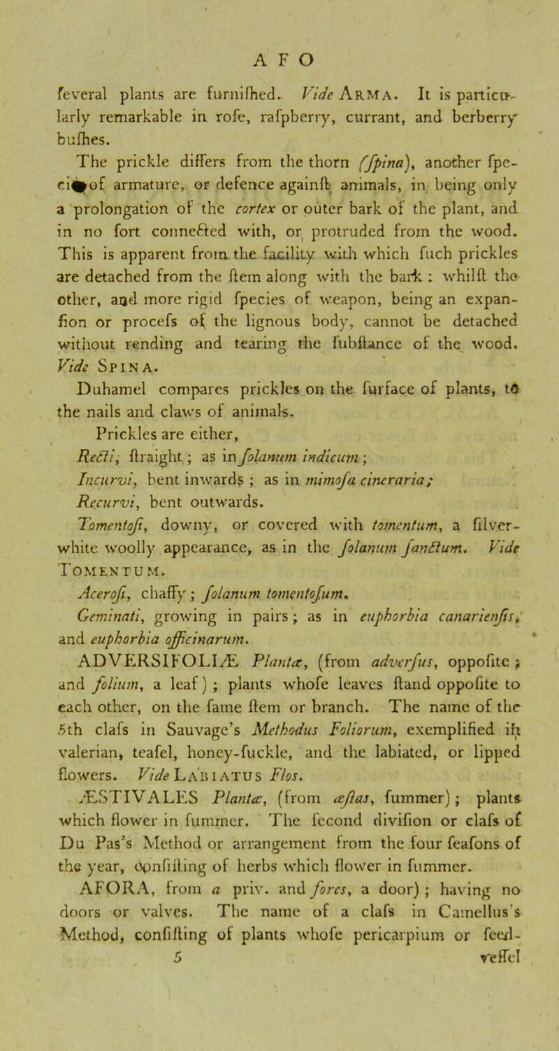 feveral plants arc furnifhed.. Vide Arma. It is partictK larly remarkable in rofe, rafpberry, currant, and berberry bufhes. The prickle differs from tile thorn (fpina), another fpe- ei^of armature, or defence againft animals, in being only a prolongation oi the cortex or outer bark of the plant, and in no fort conne&ed with, or protruded from the wood. This is apparent from the facility with which fuch prickles are detached from the ftem along with the bark : whilft the- other, and more rigid fpecies of weapon, being an expan- fion or procefs of the lignous body, cannot be detached without rending and tearing the fubflance of the wood. Vide Spina. Duhamel compares prickles on the furface of plants, t<5 the nails and claws of animals. Prickles are either, Redli, flraight; as in Jolanum indicum ; Incurvi, bent inwards ; as in mimofa cineraria; Recurvi, bent outwards. Tomeniofi, downy, or covered with tomentum, a filver- white woolly appearance, as in the Jolanum jandlum. Vide Tomentum. Acerofi, chaff)'; Jolanum tomentofum. Geminati, growing in pairs; as in euphorbia canarienfts, and euphorbia officinarum. ADVERSIFOLIvE Planta, (from adverfus, oppofite ; and folium, a leaf) ; plants whofe leaves Hand oppofite to each other, on the fame ftem or branch. The name of the 5th clafs in Sauvage’s Methodus Foliorum, exemplified ift valerian, teafel, honey-fuckle, and the labiated, or lipped flowers. Vide Lap iatus Flos. /ESTIVALES Planta;, (from ceflas, fummer); plants which flower in fummer. The fecond divifion or clafs of Du Pas’s Method or arrangement from the four feafons of the year, Opnflfting of herbs which flower in fummer. AFORA, from a priv. and fores, a door) ; having no doors or valves. The name of a clafs in Camellus s Method, confilling of plants whofe pericarpium or feed- 5 reffel