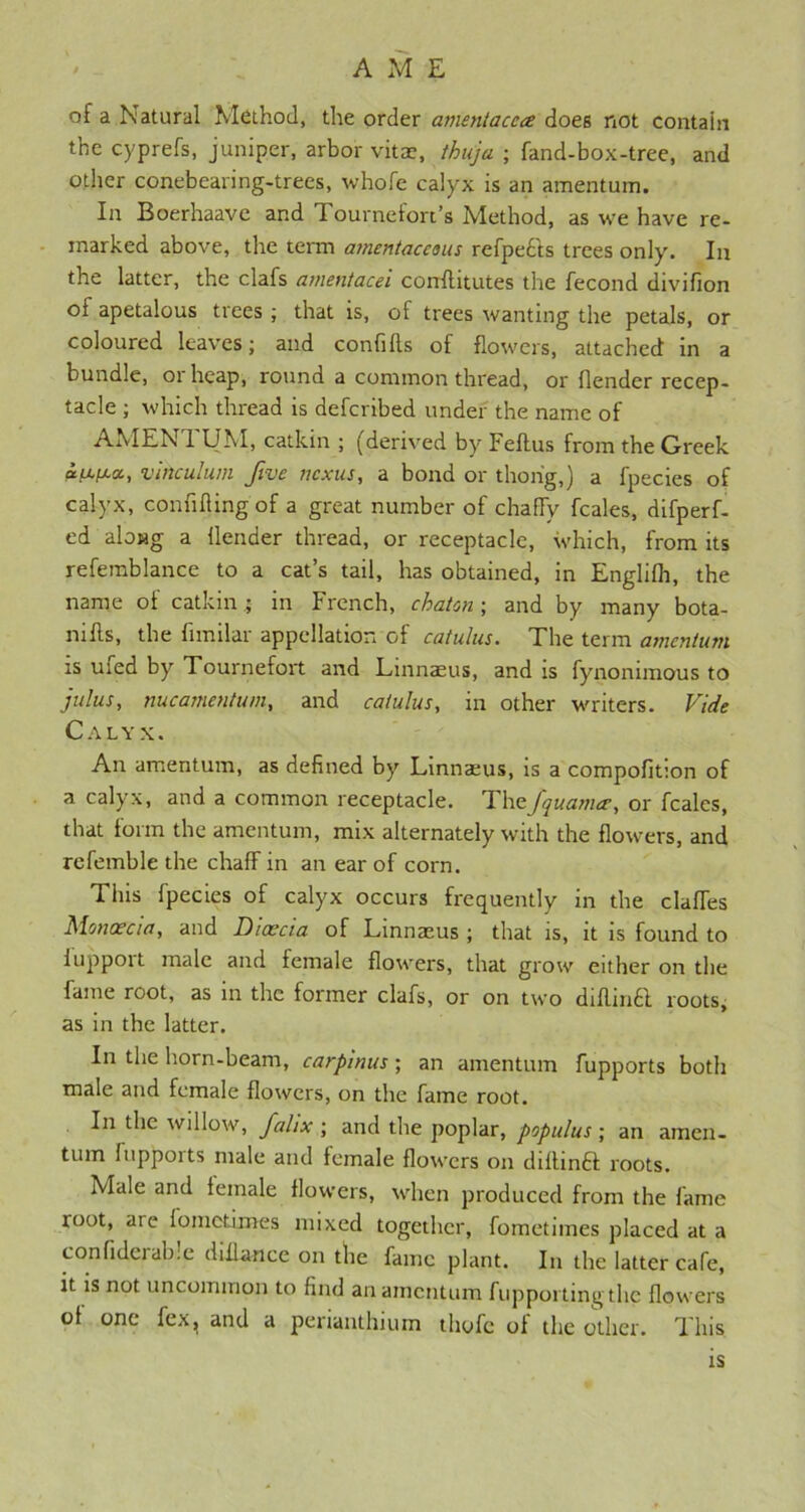 AME of a Natural Method, the order amentaccce does not contain the cyprefs, juniper, arbor vitae, thuja ; fand-box-tree, and other conebearing-trees, whofe calyx is an amentum. In Boerhaave and Tournefort’s Method, as we have re- marked above, the term amentaceous refpefits trees only. In the latter, the clafs amentacei conflitutes the fecond divifion oi apetalous trees ; that is, of trees wanting the petals, or coloured leaves j and confifls of flowers, attached in a bundle, or heap, round a common thread, or (lender recep- tacle ; which thread is deferibed under the name of AMENT. UM, catkin ; (derived by Feflus from the Greek “W*, vinculum five nexus, a bond or thong,) a fpecies of calyx, confifling of a great number of chaffy feales, difperf- ed along a llender thread, or receptacle, which, from its refemblance to a cat’s tail, has obtained, in Englifh, the name of catkinin French, chaton; and by many bota- nifts, the fimilar appellation of catulus. The term amentum is ufed by Tournefort and Linnaeus, and is fynonimous to julus, nucamentu/n, and catulus, in other writers. Vide Caly x. An amentum, as defined by Linnaeus, is a compofition of a calyx, and a common receptacle. Thtfquamcr, or fcalcs, that form the amentum, mix alternately with the flowers, and refemble the chaff in an ear of corn. This fpecies of calyx occurs frequently in the claffes Monoecia, and Diaccia of Linnaeus ; that is, it is found to iupport male and female flowers, that grow either on the fame root, as in the foimer clafs, or on two diflin6I roots, as in the latter. In the horn-beam, carpinus; an amentum fupports both male and female flowers, on the fame root. In the willow, falix ; and the poplar, populus ; an amen- tum fupports male and female flowers on diltina roots. Male and female flowers, when produced from the fame loot, aie fometimes mixed together, fometimes placed at a confiderable difiance on the fame plant. In the latter cafe, it is not uncommon to find an amentum fuppoi ting the flowers of one fex, and a perianthium tliofc of the other. This is