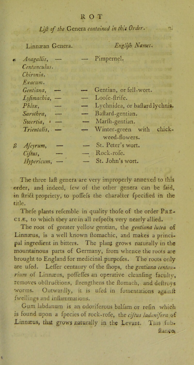 Lift of the Genera contained in this Order. Linnaean Genera. Engl if') Names. e Anagallis, — — Pimpernel. Centunculus. Chironia. Exacum. Gentiana, — — Gentian, or fell-wort. Lyfimachia, — •— Loofe-ftrife. Phlox, — — Lychnidea, or baftard lychnis. Sarothra, — — Baftard-gentian. Swertia, • — — Marlh-gentian. Trientalis, — — Winter-green with chick- weed-flowers. £ Afcyrum, — — St. Peter’s wort. Ciftus, — — Rock-rofe. Hypericum, — — St. John’s wort. The three laft genera are very improperly annexed to this order, and indeed, few of the other genera can be faid, in ftritt propriety, to poflefs the character fpecified in the title. Thefe plants refemble in quality thofe of the order Pre- cise, to which they are in all refpefts very nearly allied. The root of greater yellow gentian, the gentiana lu/ea of Linnaeus, is a well known ftomachic, and makes a princi- pal ingredient in bitters. The plant grows naturally in the mountainous parts of Germany, from whence the roots are brought to England for medicinal purpofes. The roots only are ufed. LefTer centaury of the (hops, the gentiana centau- rium of Linnaeus, pofleffes an operative cleanfing faculty, removes obllru£tions, {Lengthens the ftomach, and deftroys worms. Outwardly, it is ufed in fomentations agamft fwellings and inflammations. Gum labdanum is an odoriferous balfam or refin which is found upon a fpccies of rock-rofe, the ciftus ladunfera of Linnxus, that grows naturally in the Levant. This fub, ilanee*