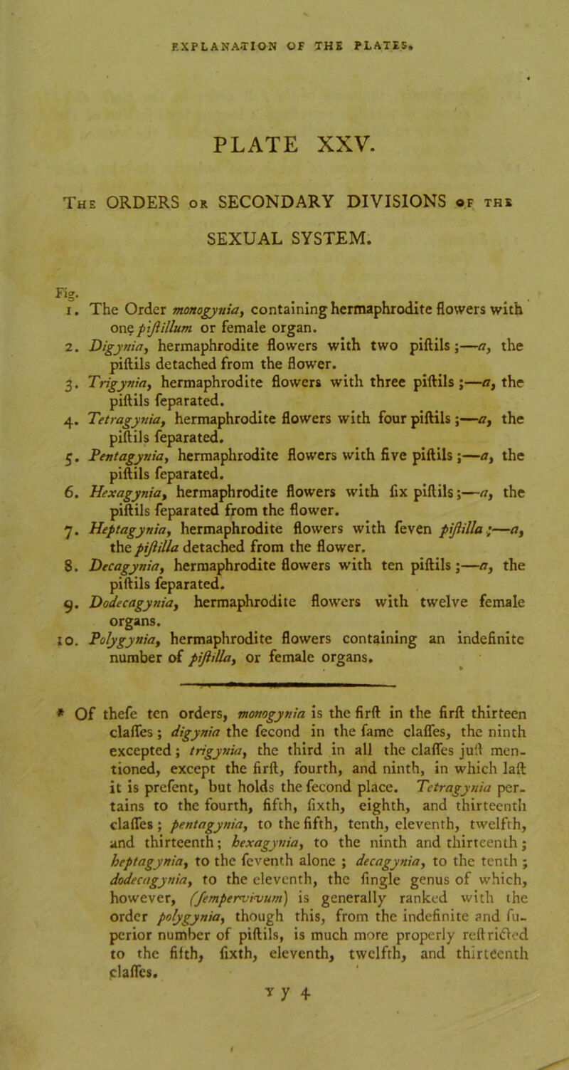 EXPLANATION OF THE PLATES. PLATE XXV. The ORDERS or SECONDARY DIVISIONS of the SEXUAL SYSTEM. F*g- . t _ 1. The Order monogynia, containing hermaphrodite flowers with onep'ijiilium or female organ. 2. Digynia, hermaphrodite flowers with two piftils ;—a, the piftils detached from the flower. 3. Trigynia, hermaphrodite flowers with three piftils;—a, the piftils feparated. 4. Tetragynia, hermaphrodite flowers with four piftils ;—a, the piftils feparated. 5. Pentagynia, hermaphrodite flowers with five piftils;—a, the piftils feparated. 6. Hexagynia, hermaphrodite flowers with fix piftils;—a, the piftils feparated from the flower. 7. Heptagynia, hermaphrodite flowers with feven piftilla]—a, the piftilla detached from the flower. 8. Decagynia, hermaphrodite flowers with ten piftils;—a, the piftils feparated. 9. Dodecagynia, hermaphrodite flowers with twelve female organs. ;o. Polygynia, hermaphrodite flowers containing an indefinite number of piftilla, or female organs. * Of thefe ten orders, monogynia is the firft in the firft thirteen clafles; digynia the fecond in the fame dalles, the ninth excepted; trigynia, the third in all the clafles juft men- tioned, except the firft, fourth, and ninth, in which laft it is prefent, but holds the fecond place. Tetragynia per- tains to the fourth, fifth, fixth, eighth, and thirteenth clafles; pentagynia, to the fifth, tenth, eleventh, twelfth, and thirteenth; hexagynia, to the ninth and thirteenth; heptagynia, to the feventh alone ; decagynia, to the tenth ; dodecagynia, to the eleventh, the Angle genus of which, however, (fempervi'vum) is generally ranked with the order polygynia, though this, from the indefinite and fu- perior number of piftils, is much more properly reftrided to the filth, fixth, eleventh, twelfth, and thirteenth clafles. vy 4