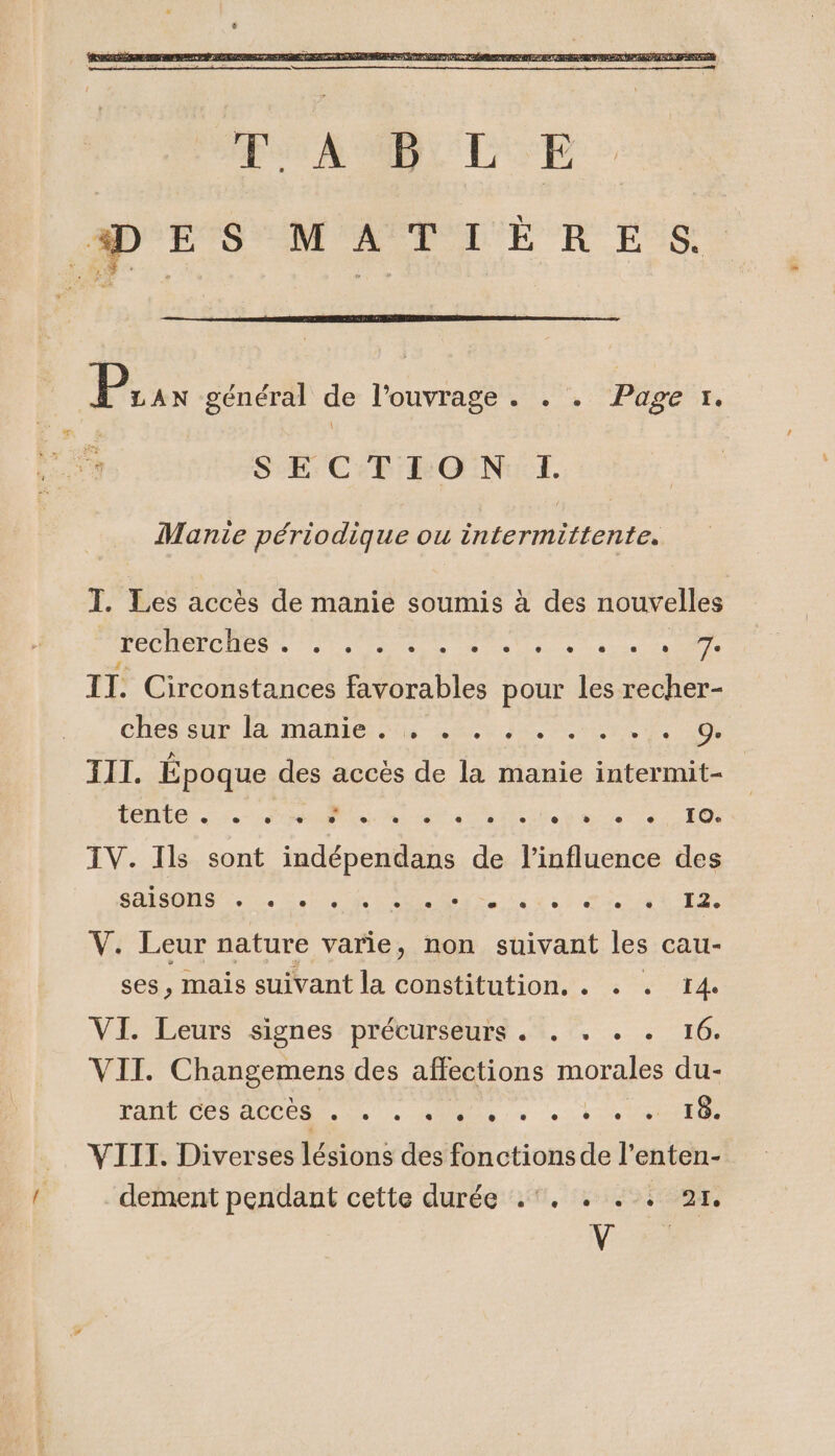 DES MATIÉRES. Pisn général de l'ouvrage . . . Page x. SE: C:P'ÉOEN:: I. Manie périodique ou intermittente. T. Les accès de manie soumis à des nouvelles recherches . . . . . . . . . . « . + 7. IT: Circonstances favorables pour les recher- Ches su: la mabies si LR Jr ES 0 FEI. Époque des accès de la manie intermit- LME Se Ne a ES bee se le Et IV. Ils sont indépendans de l'influence des Se. MEL vi mi V. Leur nature varie, non suivant les call- ses, mais suivant la constitution, . . . 14. VI. Leurs signes précurseurs . . . + . 16. VII. Changemens des affections morales du- PAU COS ACCES NE. ne + ere she VIII. Diverses lésions des fonctionsde l’enten- -dement pendant cette durée ::%. . ., 21. v