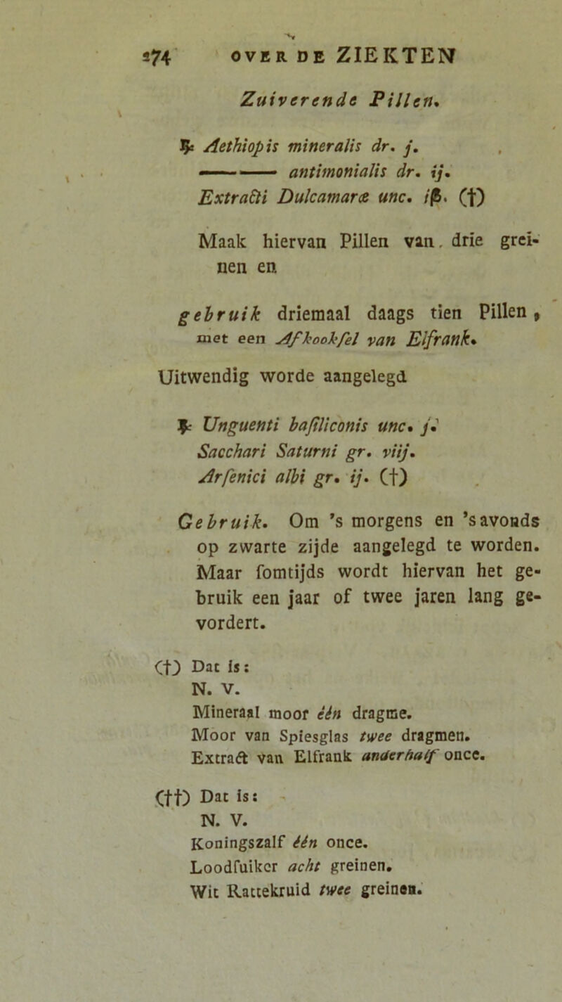 Zuiverende PilUn* Aethiopis mineralis dr. j. — —— antimonialis dr, ij. Extrahi Dulcamarce unc, /|R* (t) Maak hiervan Pillen van, drie grci- nen en gebruik driemaal daags tien Pillen, met een Afhoohfel van Elfrank* Uitwendig worde aangelegd Unguenti bajiliconis unc, Sacchari Saturni gr. viij. Arfenici albi gr, ij, Ct) Gebruik. Om ’s morgens en ’savoads op zwarte zijde aangelegd te worden. Maar fomtijds wordt hiervan het ge- bruik een jaar of twee jaren lang ge- vordert. <;t_) Dat is: N. V. Mineraal moor iin dragme. Moor van Sptesglas twee dragmen. Extraft van Elfrank anUerhaff onct. <(tt) Dat is; ^ N. V. Koningszalf iin once. Loodfuikcr acht greinen, Wit Rattekruid twee greinoa.