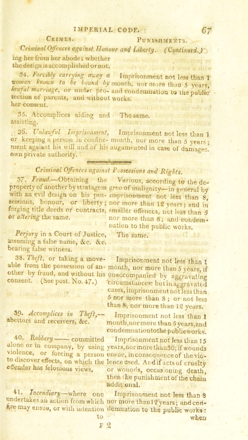 Crimes. Punishments. Criminal Offences against Honour and Liberty. (Continued.) ing her from her abode: whether the design is accomplished or not. 3-k Forcibly carrying away a Imprisonment not less than 1 ■woman known to be bound by month, nor more than 5 years lawful marriage, or und»r pro-and condemnation to the public tection ol parents, and without works, her consent. 35. Accomplices aiding and The same, assisting. 36. (unlawful Imprisonment, Imprisonment not less than 1 or keeping a person in confine-month, nor more than 5 years; ment against his will and of his augumented in case of damages! own private authority, rn.fi , mi in in Criminal Offences against Possessions and Rights. 37. Fraud.—Obtaining the Various, according to the de- property of another by stratagem greeof malignity—in general by with an evil design on his pos- imprisonment not less than 8 sessions, honour, or liberty; nor more than 12 years; and in forging title deeds or contracts, smaller offences, not less than 5 or altering the same. nor more than S; anil condem- nation to the public works. Perjury in a Court of Justice, The same, assuming a false name, &c. &c. bearing false witness. 38. Theft, or taking a move- Imprisonment not less than I able from the possession of an- month, nor more than 5 years if other by fraud, and without his unaccompanied by aggravating consent. (See post. No. 47.) 'circumstances: but in aggravated cases, imprisonment not less than 5 nor more than 8 ; or not less than 8-, nor more than 12 years. 30. Accomplices in Theft,— Imprisonment not less than 1 abettors and receivers, &c. month,nor more than 5 years,and eondemnationtothe publieworks. 40. Robbery committed Imprisonment not less than 15 alone or in company, by using years,nor more than30; if wounds violence, or forcing a personensue,inconsequenceofthevio- to discover effects, on which the lenceused. Ai d if acts of cruelty offender has felonious views, or wounds, occasioning death, then lhe punishment of the chain addit onal. 41. Incendiary—where one Imprisonment not less than 8 undertakes an action from which nor more thanl2 years; andcori- Are may ensue, or with intention damnation to the public works : to when