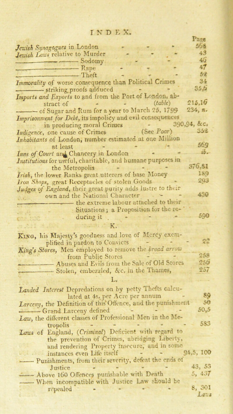 Jewish Synagogues in London Jewish Laws relative to Murder - . ‘ Sodomy __— — Rape - Theft - - Immorality of worse consequence than Political Crimes striking.proofs adduced Imports and Exports to and from the Port of London, ab* struct of (.table) — of Sugar and Rum for a year to March 25, 1799 Imprisonment for Debt, its impolicy and evil consequences in producing moral Crimes - 390,94, &c. Pace 508 43 44 47 52 34 35,4 215, lG 234, n. Indigence, one cause of Crimes (See Poor) Inhabitants of London, number estimated at one Million at least - - Inns of Court an^ Chancery in London Institutions for useful, charitable, and humane purposes in the Metropolis - Irish, the. lower Ranks great utterers of base Money Iron Shops, great Receptacles of stolen Goods Judges of ELngland, their great purity adds lustre to their own and the National Character _— , the extreme labour attached to their Situations ; a Proposition for the re- ducing it , K. King, his Majesty’s goodness and love of Mercy exem- plified in pardon to Convicts King’s Stores, Men employed to remove the broad arrow from Public Stores Abuses and Evils from the Sale of Old Stores — Stolen, embezzled, &c. in the Thames, L. Ixindcd Interest Depredations on by petty Thefts calcu- lated at 4s, per Acre per annum Larceny, the Definition of this'Offence, and the punishment — Grand Larceny defined - Law, the different classes of Professional Men in the Me- tropolis ---■*■ Laws of England, (Criminal) Deficient with regard to the prevention of Crimes, abridging Liberty, and rendering Property insecure, and in some 354 569 ib. 374, SI 189 293 430 590 258 254 257 $9 50 50,5 5S3 instances even Life itself Punishments, from their severity, defeat the ends ol Justice - Above 160 Offence? punishable with Death When incompatible with Justice Law should fcc repealed - 94,5, 100 43, 53 5, 437 8, 301 La:.s