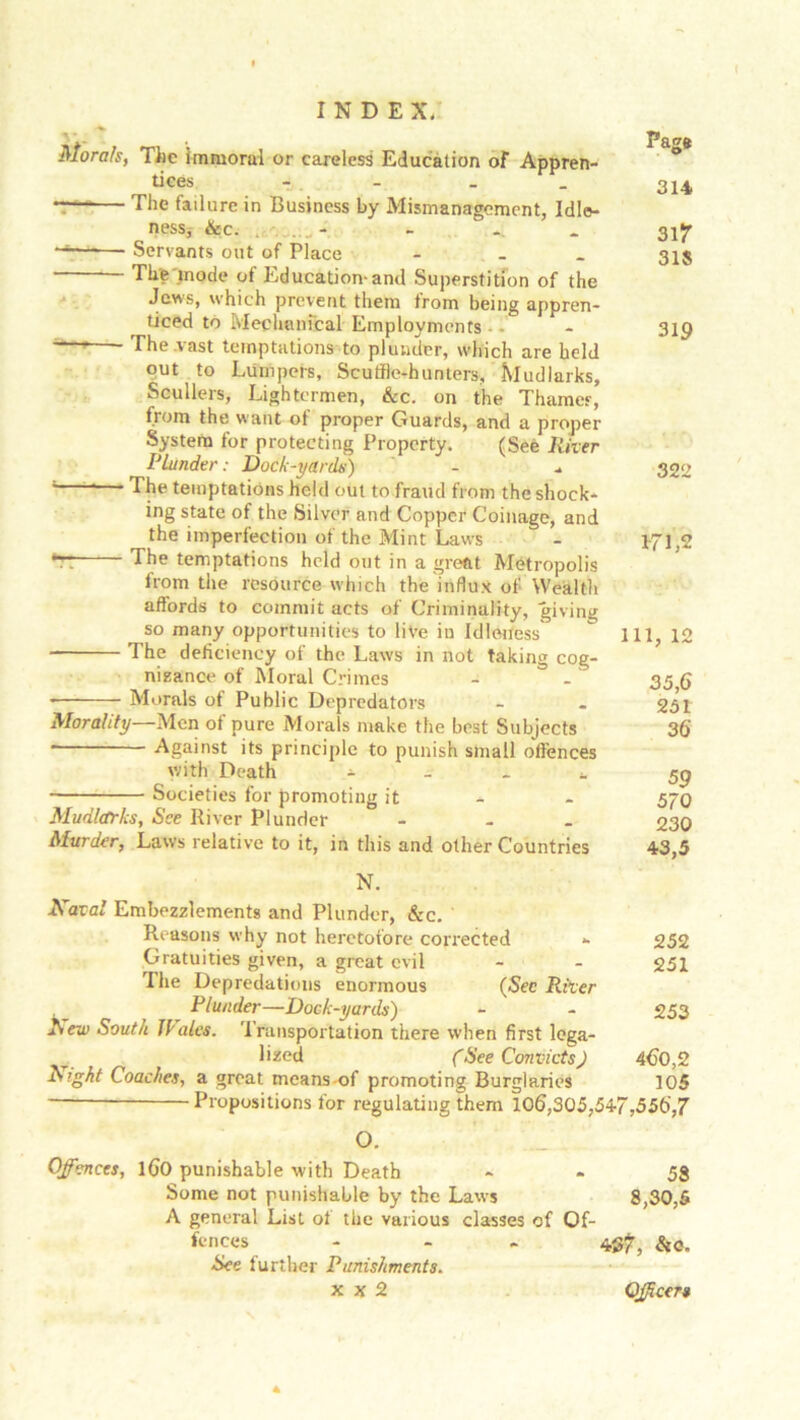 Morals, The immoral or careless Education of Appren- tices - . - . . 314 The failure in Business by Mismanagement, Idle- nessj &c. . .. - - -. _ 3ip Servants out of Place - 31$ The mode of Education-and Superstition of the Jaws, which prevent them from being appren- ticed to Mechanical Employments ■ - 319 out to Lumpers, Scuffle-hunters, Mudlarks, Scullers, Lightermen, &c. on the Thames, from the want of proper Guards, and a proper System for protecting Property. (See River Plunder: Dock-yards) - - 332 The temptations held out to fraud from the shock- ing state of the Silver and Copper Coinage, and the imperfection of the Mint Laws - 171,2 from the resource which the influx of Wealth affords to commit acts of Criminality, giving so many opportunities to live in Idleness' ° 111, 12 The deficiency of the Laws in not taking cog- nizance of Moral Crimes - - 35 g * Morals of Public Depredators - - 251 Morality—Men of pure Morals make the best Subjects 36' * Against its principle to punish small offences with Death - - _ 59 Societies for promoting it * - 570 Mudlarks, See River Plunder - 230 Murder, Laws relative to it, in this and other Countries 43,5 N. Kaval Embezzlements and Plunder, &c. Reasons why not heretofore corrected - 252 Gratuities given, a great evil - - 251 The Depredations enormous {See River Plunder—Dock-yards) - - 253 JVeia South Ik ales. Transportation there when first lega- lized (See Convicts) 4<j0,2 Night Coaches, a great means of promoting Burglaries 105 Propositions for regulating them 106,305,547,556,7 O. Offences, l60 punishable with Death * - 58 Some not punishable by the Laws 8,30,5 A general List of the various classes of Gf- fences - - - 407, See further Punishments.