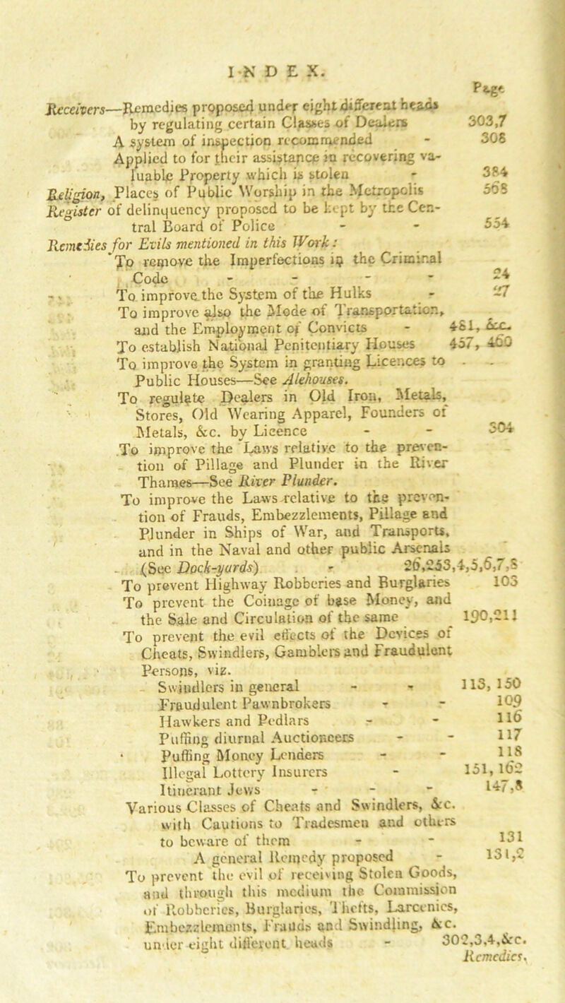 Ptgt Receivers—Remedies proposed under eightdifferent heads by regulating certain Classes of Dealers 303,7 A system of inspection recommended - SOS Applied to for their assistance in recovering va- luable Property .which is stolen - 3P4 Religion, Places of Public Worship in the Metropolis 50B Register of delinquency proposed to be kept by the Cen- tral Board of Police - - 554 Remedies for Evils mentioned in this Work: ’To remove the Imperfections i? the Criminal Code - - - - To improve_the System of the Hulks - -7 To improve also the Mode of Transportation, and the Employment of Convicts - 461, dec. To establish National Penitentiary Houses 457, ADO To improve the System in granting Licences to . Public Houses—See Alehouses. To regulate Dealers in Old Iron, Metals, Stores, Old Wearing Apparel, Founders of Metals, See. by Licence - - 304 To improve the Laws relative to the preven- tion of Pillage and Plunder in the River Thames—See River Plunder. To improve the Laws relative to the preven- tion of Frauds, Embezzlements, Pillage and Plunder in Ships of War, and Transports, and in the Naval and other public Arsenals (Sec Dock-yurds) - 21),£53,4,5,6.7,5 To prevent Highway Robberies and Burglaries 103 To prevent the Coinage of base Money, and the Sale and Circulation of the same 190,211 To prevent the evil edects of the Devices of Cheats, Swindlers, Gamblers and Fraudulent Persons, viz. Swindlers in general - 113, 150 Fraudulent Pawnbrokers - - M'9 Hawkers and Pedlars - - H6 Puffing diurnal Auctioneers - - • Puffing Money Lenders - 11® Illegal Lottery Insurers - 151, 102 Itinerant Jews - - - 147,8 Various Classes of Cheats and Swindlers, Ac. with Cautions to Tradesmen and others to beware of them - - 131 A general Remedy proposed - 131,2 To prevent the evil of receiving Stolen Goods, and through this medium the. Commission of Robberies, Burglaries, ’1 hefts, Larcenies, Embezzlements, Frauds and Swindling, Nc. under eight diflerent heads - 302,o,4,Ac. Remedies,