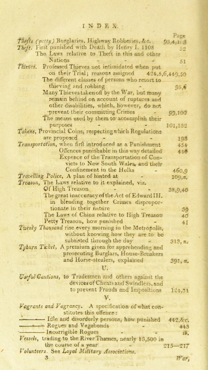 , Page Thefts (petty) Burglaries, Highway Robbc.it., Ac. 93,4;1‘ 3 'Theft. First punished with Death by Henry I. 1108 The Laws relative to Theft in this and other Nations - - - 5i thieves. Professed Thieves not intimidated when put on their Trial; reasons assigned 424.5,6,419,50 The different classes of persons who retort to thieving and robbing - 95.$ Many Thieves taken off by the War, but many remain behind on account of ruptures and other disabilities, which, however, do not -prevent their committing Crimes - 99,100 The means used by them to accomplish their purposes - - 101,132 Tokens, Provincial Coins, respecting which Regulations are proposed Transportation, when firfl introduced as a Punishment Offences punishable in this way detailed Expence of the Transportation of Con- victs to New South Wales, and their Confinement in the Hulks Travelling Police, A plan of hinted at Treason, The Laws relative to it explained, viz. Of High Treason The great inaccuracy of the Act of Edward III. in blending together Crimes dispropor- tionate in their nature The Laws of China relative to Iiioh Treason O Petty Treason, how punished Twenty Thousand rise every morning in the Metropolis, without knowing how they are to be subsisted through the day Tyburn Ticket, A premium given for apprehending and prosecuting Burglars, House-P>reakers and Horse-stealers, explained U. Useful Cautions, to Tradesmen and others against the devices of Cheats and Swindlers, and to prevent Frauds and Impositions V. Vagrants and Vagrancy. A specification of what con- stitutes this offence: -L — Idle and disorderly persons, how punished 442,See. - ——==- Rogues and Vagabonds - 443 . Incorrigible Rogues - - Vessels, trading to the RiverThamcs, nearly 13,500 in the course of a year - 215—217 Volunteers. See Loyal Military Associations. 3 JVar, IPS 454 41© 460,9 10 9,/». 33,9,40 39 40 41 313,71.- 391, «. 124,31