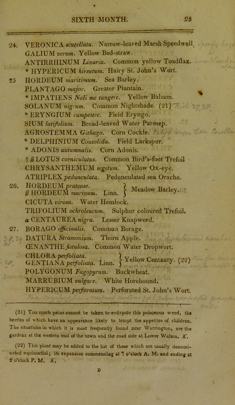 24. 25 26. 2^, VERONICA snUellata. Narrow-leaved Marsh Speedwell^ GALIUM venm. Yellow Bed-straw. ANTIRRHINUM Linuria. Common yellow Toadflax. * HYPERICUM hirsutvm. Hairy St. John’s Wort. HORDEUM ?nantimum. Sea Barley. PLANTAGO major. Greater Plantain. * IMPATIENS Noli me tangere. Yellow Balsam. SOLANUM Common Nightshade. (21)T ' 4 2.7 2.^ *ERYNGIUM campestre. Field Eryngo. SIUM lutifolium. Broad-leaved Water Parsnep. AGROSTEMMA GiVAago. Corn Cockle. * DELPHINIUM Comolida. Field Larkspur. * ADONIS autumnalis. Corn Adonis. t & LOTUS comiculatus. Common Bird’s-foot Trefoil CHRYSANTHEMUM segetum. Yellow Ox-eye. ATRIPLEX perfancw/ota. Pedunculated sea Orache. HORDEUM pmtense. 1 Meadow Bariev & HORDEUM murinuvt. Linn. 5 ^''^eaaow uarley. CICUTA u/rosa. Water Hemlock. TRIFOLIUM ochroleucvm. Sulphur coloured Trefoil* a CENTAUREA nigra. Lesser Knapweed. BORAGO officinalis. Common Borage. DATURA iSrra;nonia»J. Thorn Apple. /> CENANTHEjSit«/osd. Common Water Dropwort. GENTfAfA'pe^fo^^^^ Linn. } Yellow Centaury. (22) POLYGONUM Fagopyrum. Buckwheat. MARRUBIUM vulgare. White Horehound. HYPERICUM perforatum- Perforated St. John’s Wort. (21) Too much pains cannot be taken to extirpate this poisonous weed, the berries of which have an appearance likely to tempt the appetites of children. The situations in which it is most fretjuentjy found near Warrington, are the gardens at the western end of the town and the road side at Lower Wajton. K. (22) This plant may be added to the list of those which are usually denomi- nated equinoctial; its expansion commencing at 7 o’clock A. M. and ending at 2 o’clock P, M. A', D