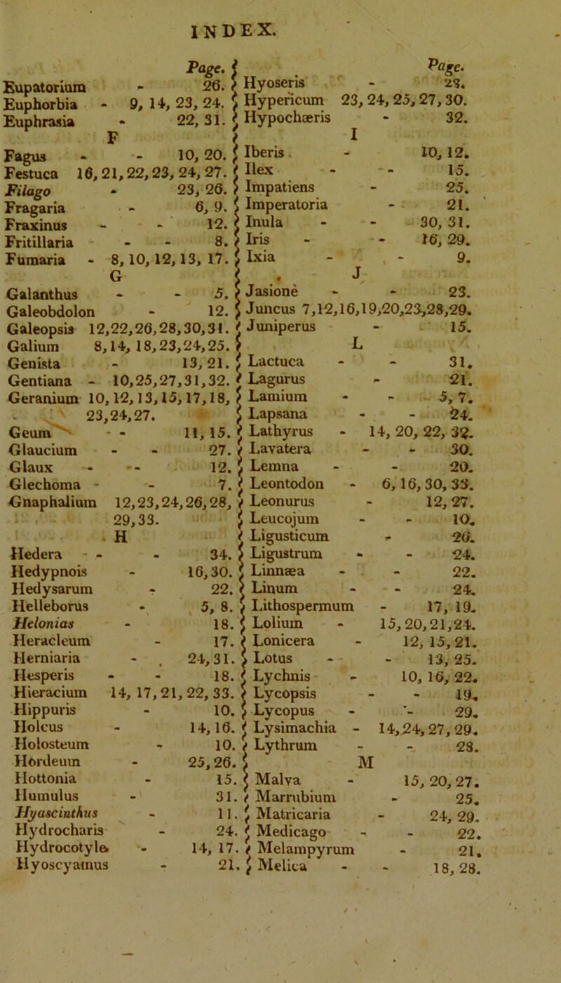 Page, j Eupatoriam - 26. J Hyoseris Euphorbia - 9, 14, 23, 24. 5 Hypericum Euphrasia - 22, 31. J Hypochaens F f Fagus - - 10,20. J Ibens. Festuca 16,21,22,23, 24, 27. J Hex Fiiago Fragaria Fraxinus Fritillaria Fumaria *23, 26. ? Impatiens Imperatoria Inula Iris Ixia I Jasione 6, 9. 12. 8. 8,10,12,13, 17. G Galanthus - ~ 5. Galeobdolon - 12., Galeopsb 12,22,26,28,30,31. J Juniperus Galium 8,14, 18,23,24,25.? Genista - 13, 21. i Lactuca Gentiana - 10,25,27,31,32. J Lagurus Geranium 10,12,13,15,17,18, 5 Lamium ' ' 23,24,27. j Lapsana Geum '^ -- 11,15. J Lathyrus Glaucium - - 27. ? Lavatera Glaux Glechoma - Gnaphalium Hedera - - Hedypnois Hedysarum Helleborus Helonias Heracleum Herniaria lies peris Hieracium Hippuris Holcus Holosteum Hordeum Hottonia ilumulus Hi/ascittthus Hj'drocharis Hydrocotyla Hyoscyamus 23,24,25,27,30. 32. I 10, 12. 15. 25. 21. - 30, 31. 16, 29. 9. J 23. Juncus 7,12,16,19,20,23,28,29. 15. L 31. 21. - ~ 7. iZ4. 14, 20, 22, 3!?. - 30. 12. i Lemna • 7. 5 Leontodon 20, - 6,16,30,33. 12,23,24,26,28, f Leonurus 12,27. 29,33. J Leucojum lO, H iiJ t Ligusticum - 26. - 34. J Ligustrum - 24. . 16,30. i LLonaea 22. . 22. ? Linum 24, - ^ 5, 8. J Lithospermum 17, 19, - 18. J Lolium 15,20,21,24. - 17. ? Lonicera 12, 15,21. - 24,31. J Lotus 13, 25- - 18. J Lychnis 10, 16, 22. 14, 17,21, 22, 33. J Lycopsis 19. - 10. J Lycopus 29, - 14,16. ? Lysimachia - 14,24,27,29, 10. / Lythrum 25,26.5 M 28. - 15. J Malva 15, 20,27. - 31. (> Marmbium 25, - 11.^ Matricaria 24, 29. - 24. J Medicago 22. > • 14, 17. ( Melampyrum 21. 21, f Mellca 18,28.