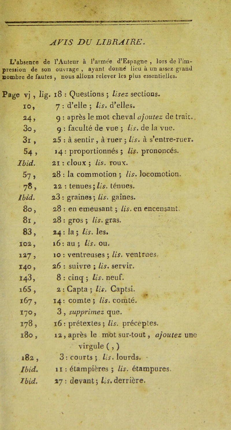 AVIS DU LIBRAIRE. L’absence de l’Auteur à l’arme'e d’Espagne , lors de l’im- pression de son ouvrage , ayant donné lieu à un assez grand nombre de fautes , nous allons relever les plus essentielles. Page vj , lig. i8 : Questions ; lisez sections. 10, 7 : d’elle ; lis. d’elles. 24 > 9 : après le mot cheval ajoutez de traie.. 3o, 9 ; faculté de vue ; lis. de la vue. 3i, 25 : à sentir, à ruer ; lis. à s’entre-ruer. 54, 14: proportionnés; lis. prononcés. Ibid. 21 : doux ; lis. roux. 5?» 28 : la commotion ; lis. locomotion. 78» 22 : tenues ténues. Ibid. 23 : graines ; lis. gaines. 80, 28 : en emeusant ; lis. en encensant. 81, 28 : gros ; lis. gras. 83, 24 : la ; lis. les. 102, 16: au ; lis. ou. 127, 10 : ventreuses ; lis. ventrues. 140, 26 : suivre ; lis. servir. 143, 8 : cinq ; lis. neuf. i65, 2 : Capta ; lis. Captsi. 167, 14: comte; //f. comté. 170, 3, supprimez que. 178, 16 : prétextes ; lis. préceptes. i8o, 12, après le mot sur-tout, ajoutez me virgule ( , ) 182, 3: courts ; lis. lourds. • Ibid. 11 : étampières ; lis. étampures. Ibid. 27 : devant ; Ls, derrière.