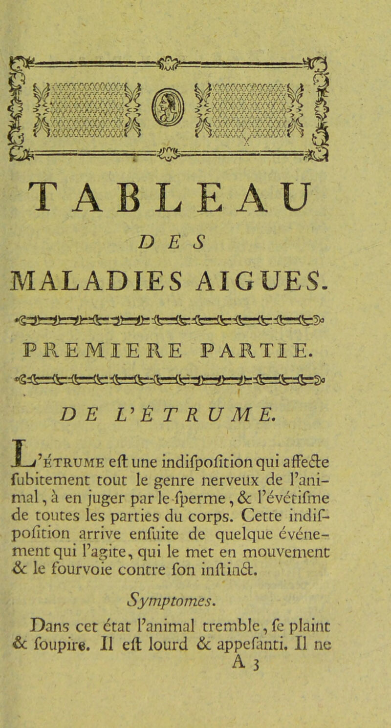 o= TABLEAU DES MALADIES AIGUES- PREMIERE PARTIE. DE V È T R U M E. I-i’ÉTRUME eft une indifpofîtion qui afFe6te fubitemenc tout le genre nerveux de l’ani- mal , à en juger par le fperme, & l’évétifme de toutes les parties du corps. Cette indif- pofîtion arrive enfuite de quelque événe- ment qui l’agite, qui le met en mouvement üc le fourvoie contre fon inllinét. Symptômes. Dans cet état l’animal tremble, fe plaint foupire. 11 eft lourd &c appcfanti. Il ne A3