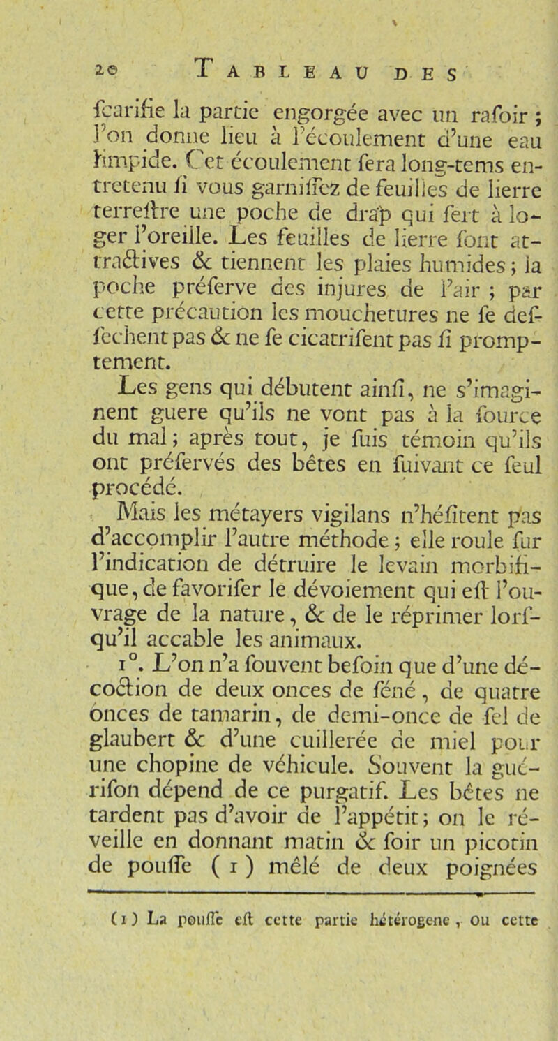 \ 2.0 Tableau des fcarifie la partie engorgée avec un rafoir ; l’on donne lieu à récoulement d’une eau hmpide. Cet écoulement fera long-tems en- tretenu ü vous garnirez de feuilles de lierre terrellre une poche de dra'h qui fert à lo- ger l’oreiile. Les feuilles de lierre font at- tractives ôc tiennent les plaies humides ; la poche préferve des injures de l’air ; par cette précaution les mouchetures ne fe def- fechentpas Sc ne fe cicatrifent pas fi promp- tement. Les gens qui débutent ainlî, ne s’imagi- nent guere qu’ils ne vont pas à la fource du mal; après tout, je fuis témoin qu’ils ont préfervés des bêtes en fuivant ce feul procédé. Mais les métayers vigilans n’héfîtent pas d’accomplir l’autre méthode ; elle roule fur l’indication de détruire le levain morbifi- que, de favorifer le dévoiement qui eft l’ou- vrage de la nature, & de le réprimer lorf- qu’il accable les animaux. 1°. L’on n’a fouvent befoin que d’une dé- coCtion de deux onces de féné, de quatre onces de tamarin, de demi-once de fel de glaubert & d’une cuillerée de miel pour une chopine de véhicule. Souvent la guc- rifon dépend de ce purgatif. Les bêtes ne tardent pas d’avoir de i’appétit ; on le ré- veille en donnant matin èc foir un picotin de pouffe ( i ) mêlé de deux poignées (i) La poufle cil cette partie luitérogene , Ou cette