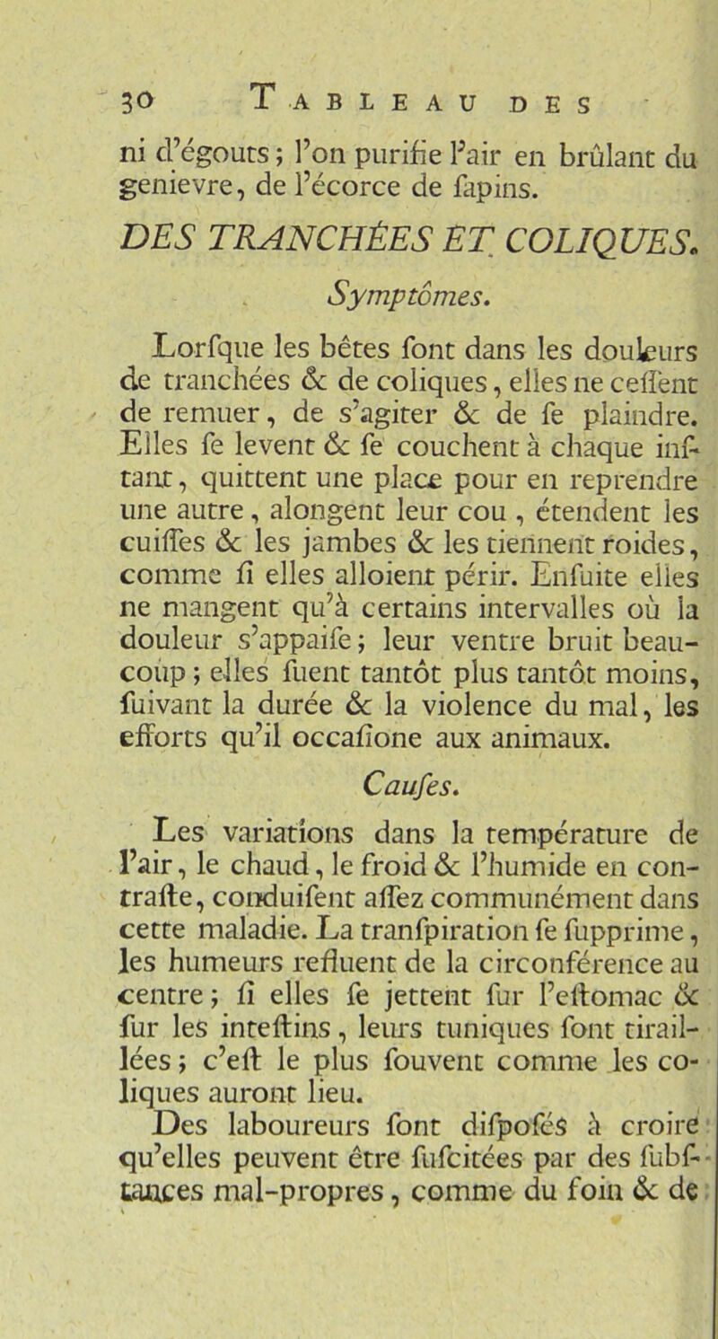 ni d’égouts ; l’on purifie l’air en brûlant du genievre, de l’écorce de fapins. DES TRANCHÉES ET COLIQUES, Symptômes. Lorfque les bêtes font dans les douleurs de tranchées 6c de coliques, elles ne ceüënt de remuer, de s’agiter & de fe plaindre. Elles fe lèvent 6c fe couchent à chaque inf* taiu, quittent une place pour en reprendre une autre, alongent leur cou , étendent les cuilTes 6c les jambes 6c les tiennent roides, comme fî elles alloient périr. Enfuite elles ne mangent qu’à certains intervalles où la douleur s’appaife ; leur ventre bruit beau- coup ; elles fuent tantôt plus tantôt moins, fuivant la durée 6c la violence du mal, les efforts qu’il occafîone aux animaux. Caufes. Les variations dans la température de l’air, le chaud, le froid 6c l’humide en con- trafte, coiîduifent alTez communément dans cette maladie. La tranfpiration fe fupprime, les humeurs refluent de la circonférence au centre ; fî elles fe jettent fur l’ellomac 6c fur les inteftins, leurs tuniques font tirail- lées ; c’eft le plus fouvent comme les co- liques auront lieu. Des laboureurs font difpofés à croire qu’elles peuvent être fufcitées par des fubf- • tances mal-propres, comme du foin 6c de