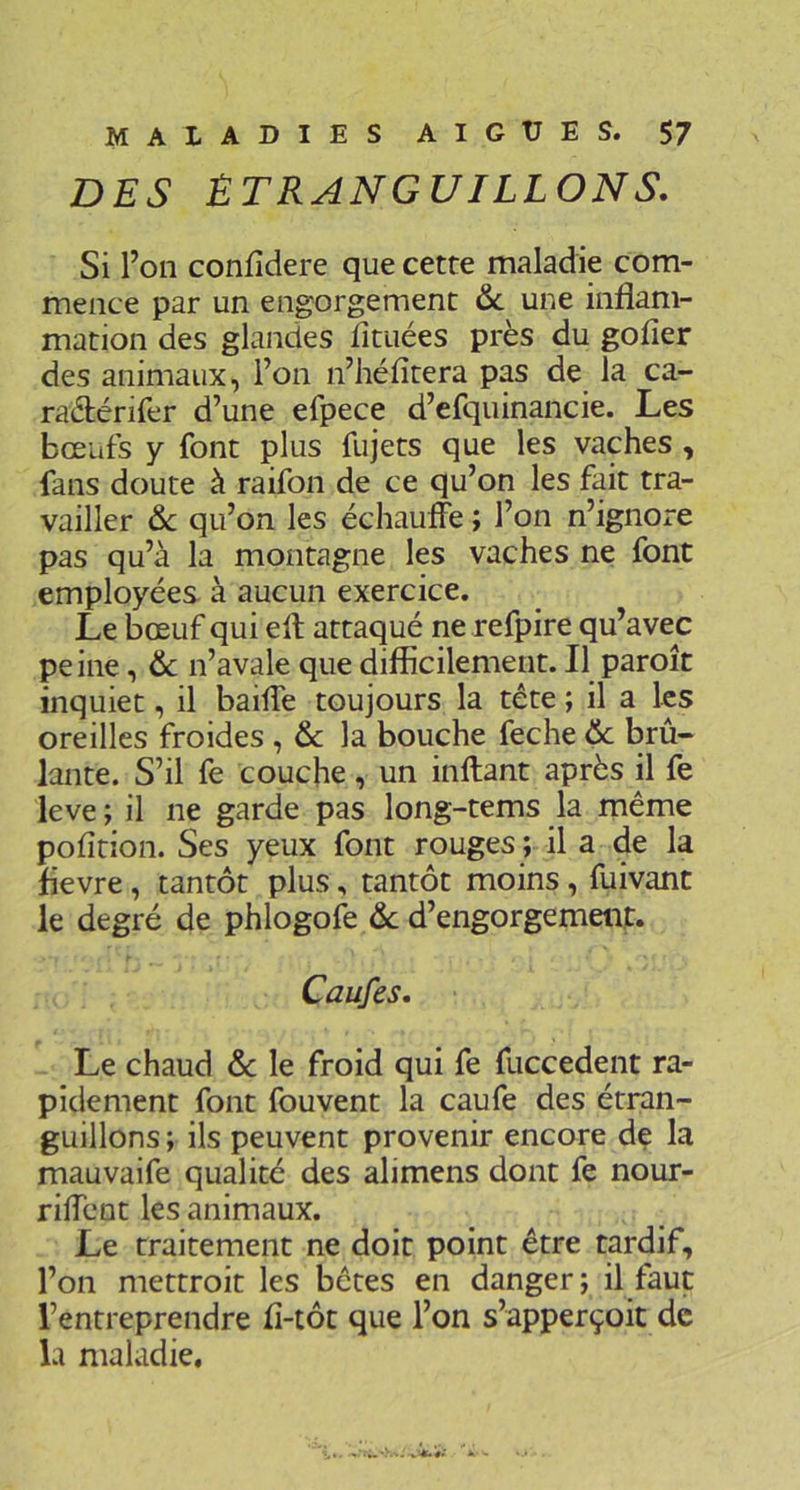 DES ÊTRANGUILLONS. Si l’on confîdere que cette maladie com- mence par un engorgement & une inflam- mation des glandes fltuées près du gofier des animaux, l’on n’héfitera pas de la ca- raètérifer d’une efpece d’efquinancie. Les bœufs y font plus fujets que les vaches , fans doute à raifon de ce qu’on les fait tra- vailler ôc qu’on les échauffe ; l’on n’ignore pas qu’à la montagne les vaches ne font employées à aucun exercice. Le bœuf qui eft attaqué ne refpire qu’avec peine, & n’avale que difficilement. Il paroît inquiet, il baiffe toujours la tête ; il a les oreilles froides , & la bouche feche ôc brû- lante. S’il fe couche, un inftant après il fe leve ; il ne garde pas long-tems la même pofition. Ses yeux font rouges ; il a de la flevre, tantôt plus, tantôt moins, fuivant le degré de phlogofe ôc d’engorgemetit. Caufes. Le chaud ôc le froid qui fe fuccedent ra- pidement font fouvent la caufe des étran- guillons ; ils peuvent provenir encore de la mauvaife qualité des alimens dont fe nour- riffent les animaux. Le traitement ne doit point être tardif, l’on mettroit les bêtes en danger; il faut l’entreprendre fl-tôt que l’on s’apperçoit de la maladie.