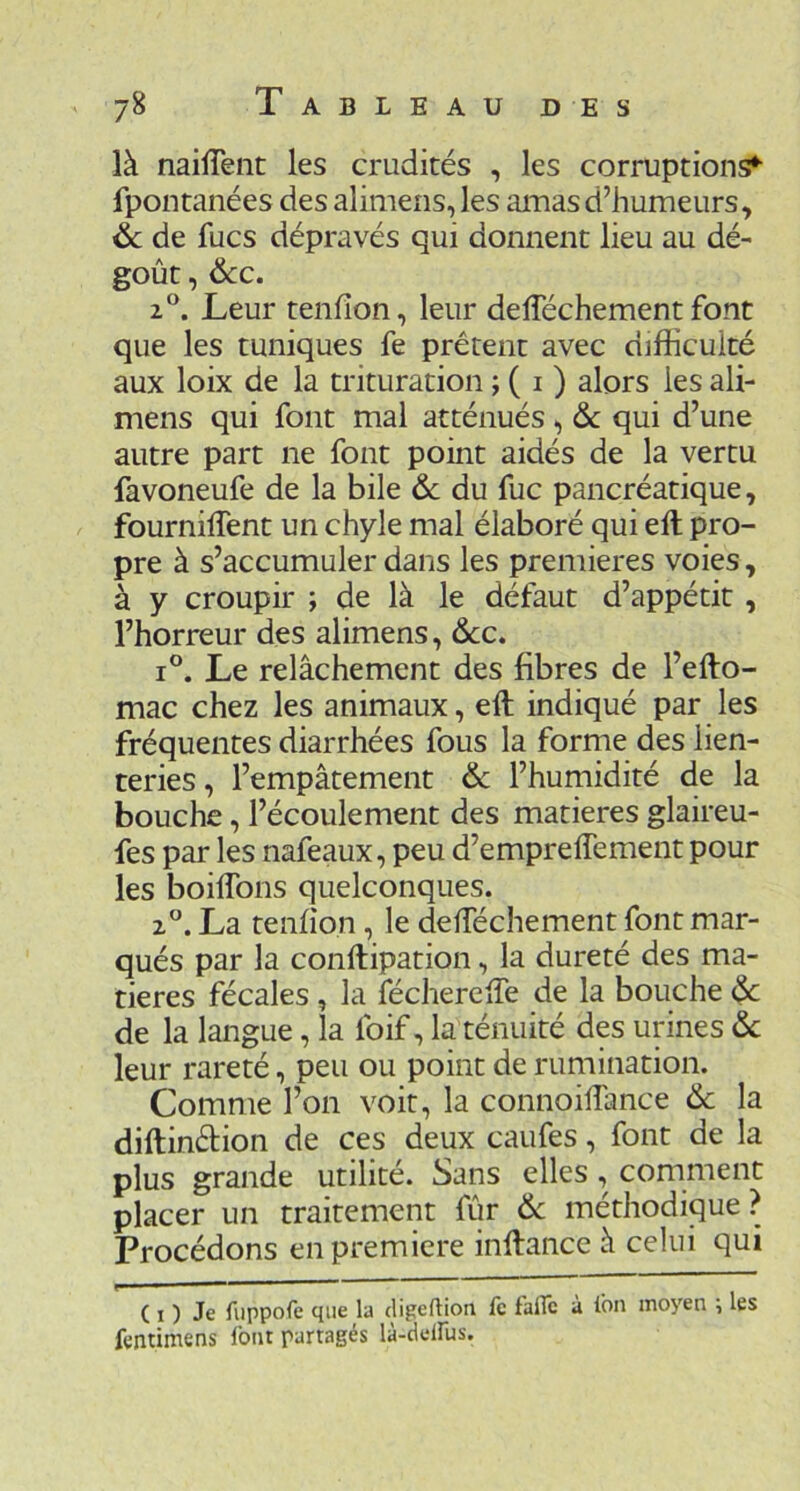 là naiïTent les crudités , les corruptions*’ fpontanées des alimeris, les amas d’humeurs, & de fucs dépravés qui donnent lieu au dé- goût , &C. 2°. Leur tenfion, leur defféchement font que les tuniques fe prêtent avec difficulté aux loix de la trituration ; ( i ) alors les ali- mens qui font mal atténués, & qui d’une autre part ne font point aidés de la vertu favoneufe de la bile ôc du fuc pancréatique, fourniffent un chyle mal élaboré qui eft pro- pre à s’accumuler dans les premières voies, à y croupir ; de là le défaut d’appétit, l’horreur des alimens, &c. 1°. Le relâchement des fibres de l’efto- mac chez les animaux, eft indiqué par les fréquentes diarrhées fous la forme des lien- teries, l’empâtement & l’humidité de la bouche, l’écoulement des matières glaireu- fes par les nafeaux, peu d’emprelTement pour les boilTons quelconques. 2”. La tenfion, le defféchement font mar- qués par la conftipation, la dureté des ma- tières fécales, la lecherciTe de la bouche & de la langue, la foif, la ténuité des urines &c leur rareté, peu ou point de rumination. Comme l’on voit, la connoilTance 6c la diftinàion de ces deux caufes, font de la plus grande utilité. Sans elles, comment placer un traitement fur 6c méthodique? Procédons en première inftance à celui qui ( I ) Je fiippofe que la cligeflion le faflc à lôn moyen \ les fentimens font partagés là-deirus.