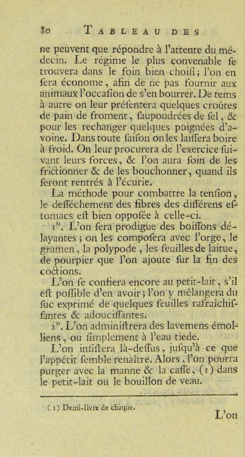 ne peuvent que répondre à l’attente du mé- deciiié Le régime le plus convenable fe trouvera dans le foin bien choifi ; l’on en fera économe, afin de ne pas fournir aux animaux l’occafîon de s’en bourrer. De tems à autre on leur préfentera quelques croûtes de pain de froment, faupoudrées de fel, Ôc pour les rechanger quelques poignées d’a- voine. Dans toute faifon on les lailléra boire à froid. On leur procurera de l’exercice fui- vant leurs forces, &c l’on aura foin de les friéHonner & de les bouchonner, quand ils feront rentrés à l’écurie. La méthode pour combattre la tenfîon, le deffécheméiit des fibres des différens ef- tomacs efl bien oppofée à celle-ci. I®. L’on fera prodigue des boilTons dé- layantes } on les compofera avec l’orge, le gramen, la polypode , les feuilles de laitue, de pourpier que l’on ajoute fur la fin des codions. L’on fe confiera encore au petit-lait, s’il éft pofhble d’en avoir ; l’on y mélangera du fuc exprimé dé quelques feuilles rafraichif- fantes & adouciflantes* 1°. L’on adminiftrera des lavemens émol- Hens, ou fîmplement à l’eau tiede. L’on infiftera là-defllis, jufqu’à ce que l’appétit femble renaître. Alors, l’on pourra purger avec la manne & la calTe, (i) dans le petit-lait ou le bouillon de veau. C 1 ) Demi-livre de chaque. L’on