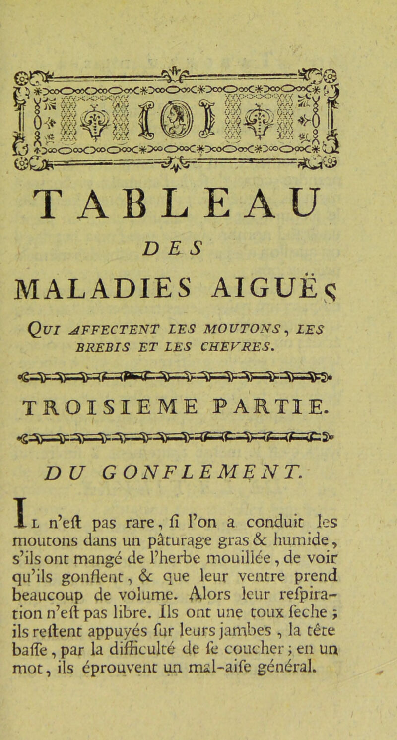 TABLEAU DES MALADIES AIGUËS Qui affectent les moutons^ les BREBIS ET LES CHEVRES. TROISIEME PARTIE. I DD GONFLEMENT. IL n’eft pas rare, fî l’on a conduit les moutons dans un pâturage gras & humide, s’ils ont mangé de l’herbe mouillée, de voir qu’ils gonflent, (Sc que leur ventre prend beaucoup de volume. Alors leur relpira- tion n’eft pas libre. Ils ont une toux feche ; ils relient appuyés fur leurs jambes , la tête balle, par la difficulté de fe coucher ; en un mot, ils éprouvent un mal-aife général.