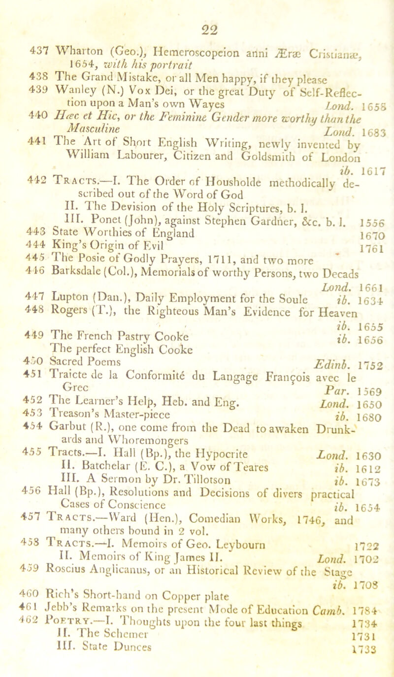 437 Wharton (Geo.), Hemeroscopcion anni yErae Cristlana?, 1654, with his portrait 4.38 The Grand Mistake, or all Men happy, if they please 439 Wanley (N.) Vox Dei, or the great Duty of Self-Reflec- tion upon a Man’s own Wayes Loud. 1658 440 Thee, et Hie, or the Feminine Gender more worthy than the Masculine Lond 1683 441 The Art of Short English Writing, newly invented by William Labourer, Citizen and Goldsmith of London 1556 1670 1761 _ . *o. 1617 442 Tracts.—I. The Order of Housholde methodically de- scribed out of the Word of God II. 1 he Devision of the Holy Scriptures, b. 1. III. Ponet (John), against Stephen Gardner, Sec. b. 1. 443 State Worthies of England 444 King’s Origin of Evil 445 The Posie of Godly Prayers, 1711, and two more 446 Barksdale (Col.), Memorials of worthy Persons, two Decads Lond. 1661 447 Lupton (Dan.), Daily Employment for the Soule ib. 1634 448 Rogers (T.), the Righteous Man’s Evidence for Heaven ib. 1655 I he French Pastry Cooke ib. 1656 The perfect English Cooke Sacred Poems _ Edinb. 1752 T raicte de la Conformite du Langage Francois avec le 449 450 451 Grec 454 455 456 457 458 459 460 461 4 62 Par. 1569 Lond. 1650 ib. 1680 Drunk- Lond. 1630 ib. 1612 ib. 1673 452 The Learner’s Help, Heb. and Eng. 453 Treason’s Master-piece Garbut (R.), one come from the Dead to awaken aids and Whoremongers Tracts.—I. Hall (Bp.), the Hypocrite II. Batchelar (E. C.), a Vow ofTeares III. A Sermon by Dr. Tillotson Hall (Bp.), Resolutions and Decisions of divers practical Cases of Conscience ib. 1654 Tracts.—Ward (Hen.), Comedian Works, 1746, and many others bound in 2 vol. Tracts.—I. Memoirs of Geo. Leybourn 1722 II. Memoirs of King James II. Lond. 1702 Roscius Anglicanus, or an Historical Review of the Stage _. . , ib. 170S Rich s Short-hand on Copper plate Jebb’s Remarks on the present Mode of Education Cam!). 1784 Poetry.—I. Thoughts upon the four last things 1734 JI. The Schemer 1731 HI. State Dunces 1733