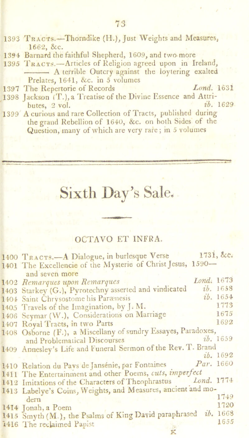 1393 Tracts.—Thorndike (H.), Just Weights and Measures, 1662, &c. 1394 Barnard the faithful Shepherd, 1609, and two more 1395 Tracts.—Articles of Religion agreed upon in Ireland, A terrible Outcry against the loytering exalted Prelates, 1641, &c. in 5 volumes 1397 The Repertorie of Records Land. 1631 1398 Jackson (T.), a Treatise of the Divine Essence and Attri- butes, 2 vol. tb. 1629 1399 A curious and rare Collection of Tracts, published during the grand Rebellion of 1640, &c. on both Sides of the Question, many of which are very rare; in 5 volumes Sixth Day’s Sale. OCTAVO ET INFRA. 1400 Tracts.—A Dialogue, in burlesque Verse 1731, he. 1401 The Excellencie of the Mysterie of Christ Jesus, 1590 and seven more 1402 Remarques upon Remarques Lond ib. ib. 1673 1658 1654 1773 1675 1692 1403 Starkey (G.), Pvrotechny asserted and vindicated L 404 Saint Chrysostome his Paraenesis 1405 Travels of the Imagination, by J. M. L406 Seyrnar (W.), Considerations on Marriage 1407 RoyalTraCts, in two Parts 1408 Osborne (F.), a Miscellany of sundry Essayes, Paradoxes, and Problematical Discourses ib. 1659 1409 Anneslev’s Life and Funeral Sermon of the Rev. T. Brand ; -ib. 1692 1410 Relation du Pavs dejansenie, par Fontaines . Par. 1660 1411 The Entertainment and other Poems, cuts, imperfect 1412 Imitations of the Characters of I heophrastus _ Lond. 17 14 1413 Labelve’s Coins, Weights, and Measures, ancient and mo- dern^ 1414 Jonah, a Poem . 1<20 1415 Smyth (M.), the Psalms of King David paraphrased ib. 1668 1416 The reclaimed Papist 1655