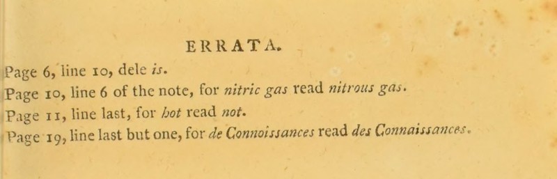 6 Page 6, line io, dele is. Page io, line 6 of the note, for nitric gas read nitrous gas. Page ii, line last, for hot read not.