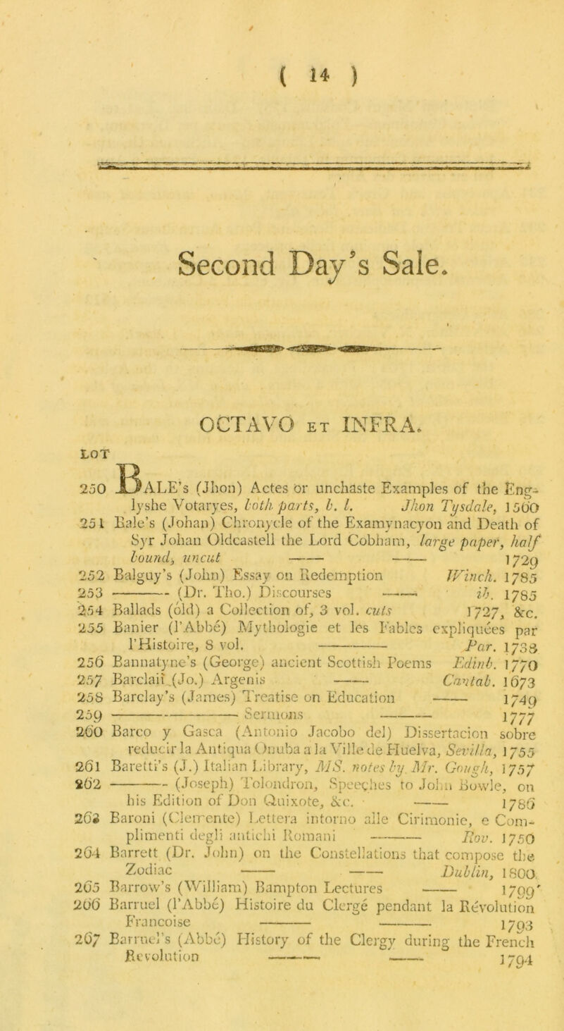 Second Day’s Sale. OCTAVO ET INFRA. LOT 250 53aLE’s (Jhon) Actes or unchaste Examples of the Eng- lyshe Votaryes, loth, parts, b. 1. Jhon Tysdale, ]56‘0 251 Hale’s (Johan) Chron) c;le of the Examynacyon and Death of Syr Johan Oldcasteli the Lord Cobham, large paper, half hound-, uncut 252 Balguy’s (John) Essay oti Redemption Winch. 1/85 253 (Dr. Tho.) Di.scourses ih. 1785 254 Ballads (old) a Collection of, 3 vol. cuts 172/, &c. 255 Banier (I’Abbe) Mythologie et les Fables cxpliquees par I’Histoire, S vol. Par, 173s 256 Bannatyne’s (George) ancient Scottish Poems Edinl. 1770 257 Barclaii,(Jo.) Argenis Cantab. 1673 25S Barclay’s (Jame.s) Treatise on Education 1/4Q 259 Sermons 1777 20'O Barco y Gasca (Antonio Jacobo del) Dissertacion sobre reducir la Antiqua Onuba a la Ville de Fluelva, Sevilla, J 755 261 Baretti’s (J.) Italian I.ibrary, MS. notes by Mr. Gough, 1757 %62 (Joseph) Tolondron, Speevhes to John Howie, on his Edition of Don Q,uixote, &c. ■ 176(5 26s Baroni (Cleirente) Lettera intorno alle Cirimonic, e Com- plimenti degli antichi Romani Uov. J7.50 204 Barrett (Dr. John) on the Constellations that compose the Zodiac Dublin, 1800. 205 Barrow’s (William) Hampton Lectures 1799' 20O Barruel (I’Abbe) Histoire du Clerge pendant la Revolution Francoise 1703 2(3/ Earruel’s (Abbe) History of the Clergy during the French Revolution ' 1794