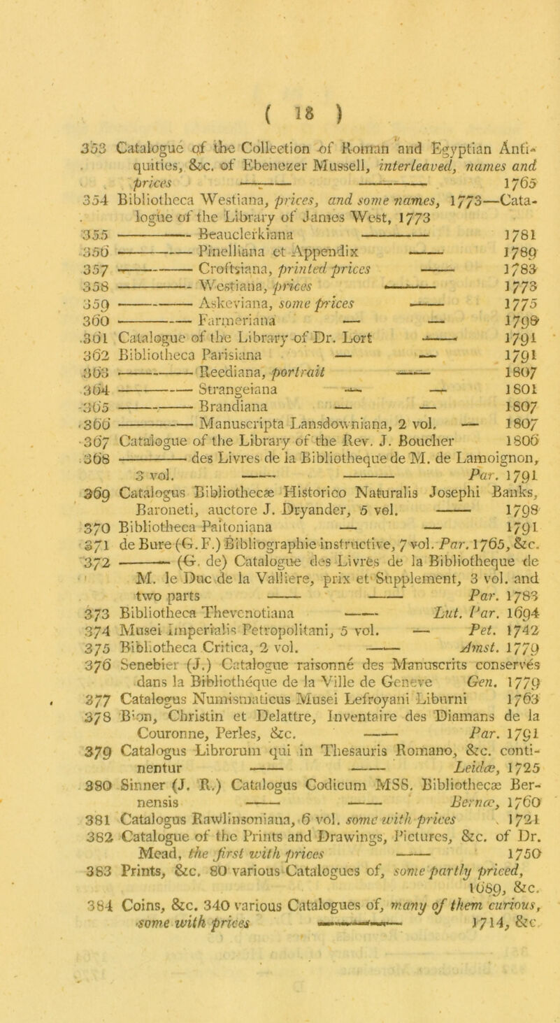 353 Catalogue qf the Collection of Roman and Egyptian Anfi- . quities, &o. of Ebenezer Mussell, interleaved, 7iarnes and prices <—: 1765 354 Bibliotheca Westiana, price.?, and some names, 1//3—Cata- logue of the Library of James West, 1773 355 Beauclefklana 1781 356 Pinelliana et Appendix 1789 357 Croftsinna, priw/tr/price? 1/83 358 Westi an a, price? 1773 359 Askevinna, ?o/;?e p?'ice? 1775 360 Fari.neriana — — 1798' .361 Catalogue of the Library of Dr. Lort -i_— 1791 062 Bibliotheca Parisiana — — 1791 363 Reediana, portrait ~^ 180/ 364 Strangeiana — 1801 -365 Brandiana — — I8O7 .366 Manuscripta Lan.sdowniana, 2 vol. — I8O7 367 Catalogue of the Library of the Rev. J. Boucher 1806 368 des Livres de la Bibliotheque de M. de Laraoignon, 3 vol. Par, 179I 369 Catalogus Bibliothecae Historico Naturalis Joseph! Banks, Baronetl, auctore J. Dryander, 5 vel. 1798 370 Bibliotheca Paitoniana — — 1791 371 de Bure (-G. P\) Bibliographic instructive, 7 vol. Par. 1765, &c. 372 (G. de) Catalogue des LivrC.s de la Bibliotheque de •' M. le Due de la Valliere, prix et> Supplement, 3 vol. and two parts Par. 1783 373 Bibliotheca Thevenotiana Lut, Par. l6p4 374 Muse! Iinperralis Petropolitani, 5 vol. — Pet. 1^42 375 Bibliotheca Critica, 2 vol. —■— jdmst. Ij'jg 376 Senebier (J.) Catalogue raisonne des Manuscrits conserves dans la Bibliotheque de la Ville de Geneve Gen. 1779 377 Catalogus Numisraaticus Musei Lefroyani Liburni 1763 378 Bion, Christin et Delattre, Inventaire des Diamans de la Couronne, Perks, &c. Par. l/pi 379 Catalogus Librorum qui in Thesauris Romano, &c. conti- nentur Leidce, 1725 380 Sinner (J. R.) Catalogus Codicuni MSS. Bibliothecas Ber- nensis Bernce, 176O 381 Catalogus RavVlinsoniana, 6 \'ol, ?owc ^oi^‘/^ price? . 1721 382 Catalogue of the Prints and Drawings, Pictures, &c. of Dr. l!i/LQeid, the first ivith prices ‘ 1750 383 Prints, &c. 80 various^Catalogucs of, some partly priced, 1689, &c. 384 Coins, &c. 340 various Catalogues of, many of them curious, •some with prices ^— 1714, &c