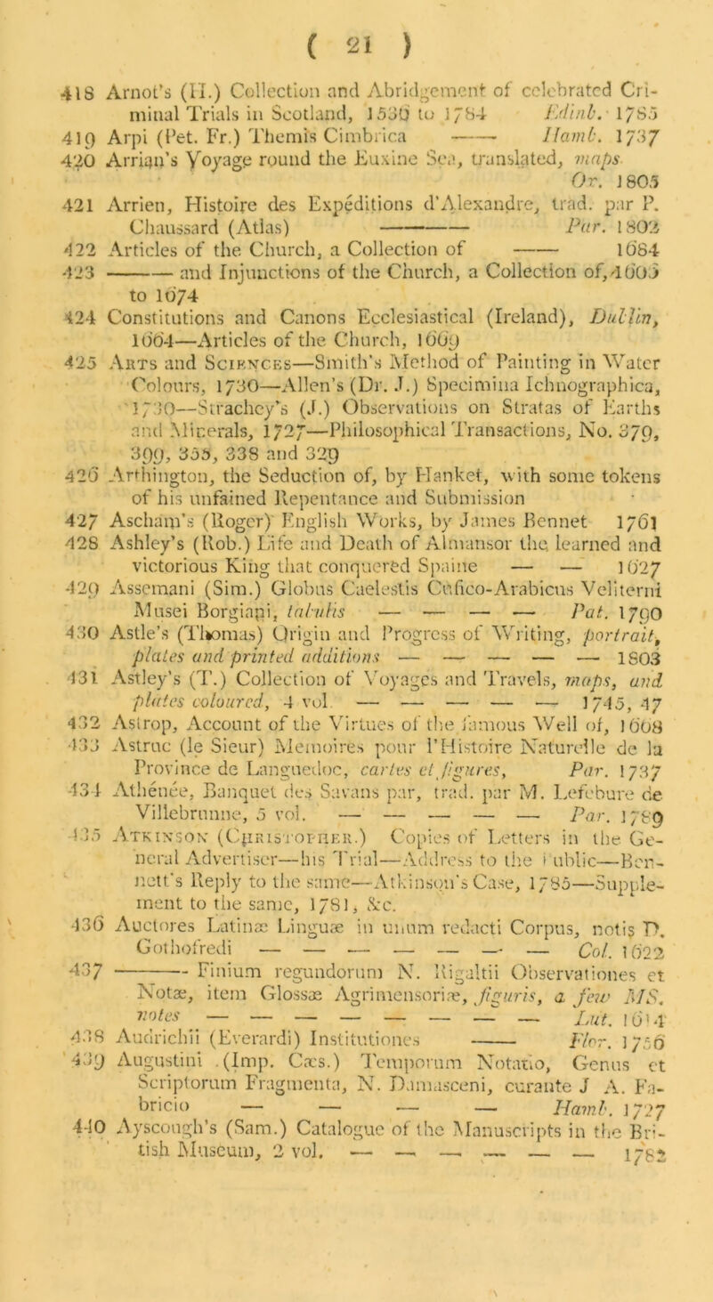 418 Arnot’s (II.) Collection and Abridgement of celebrated Cri- minal Trials in Scotland, 1530 to 178-I Edinb. 17S0 419 Arpi (I’et. Fr.) Themis Cimbrica llamb. 1/3J 420 Arrian’s Yoyage round the Euxine Sea, translated, 7ua/)s Or. 1805 421 Arrien, Flistoire des Expeditions d’Alexandre, trad, par F. Chaussard (Atlas) Ear. 1802 422 Articles of the Church, a Collection of lt)84 423 and Injunctions of the Church, a Collection of,40'0.> to 1674 424 Constitutions and Canons Ecclesiastical (Ireland), Dublin, lbO'4—Articles of the Church, lO'oy 425 .\kts and Scirncp::s—Smith’s Method of Painting in Water 'Colours, 1730—Allen’s (Dr. J.) Specimiua Ichnographica, 'I730—Strachey’s (J.) Observations on Stratas of Earths ar.d Minerals, 1727—Philosophical Transactions, No. 379, 399, ‘655, 338 and 329 420 Arthington, the Seduction of, by f-Ianket, with some tokens of his unfained Repentance and Submission 427 Ascham’s (Roger)' English Works, by James Rennet 1761 428 Ashley’s (Hob.) Life and Death of Alniansor the learned and victorious King that conquered Spaine — — 10'27 420 Assemani (Sim.) Globus Caeleslis Cufico-Arabicns Veriterni Musei Borgiapi, labvtis — — — — Pat. I79O 430 Astle’s (Tliomas) Origin and Progress of Wilting, portrait, plates and printed additions — — — — — 1803 431 Astley’s (T.) Collection of Voyages and Travels, maps, and plates coloured, 4 vol. — — — — •— 1745, 47 432 Aslrop, Account of the Virtues ol the j'amous Well of, 10'08 433 Astruc (le Sieur) Memoires pour I’Histoire Naturelle de la Province de Languetloc, carles etjigures. Par. 1737 434 Athenee, Banquet de.s Savans par, trad, par M. Lefebure de Villebrunne, 5 vol. — — — — — Par. J789 1.35 Atkixsok (CqiRisropnEK.) Copies of Letters in the Ge- neral Adverii.ser—his Trial—Addres.s to the i ublic—Hcn- nett's Reply to the same—Atkinson’s Ca.se, 1785—Supple- ment to the same, 178I, V'c. 436 Auctores Latinae Linguae in tinum redacti Corpus, notij D. Gothofredi — — — — — — — Col. U)22 437 Finium reguiidorum N. Higaltii Oiiservationes ct Notae, item Glo.ssae Agrimensori.a?, Jlguris, a Jha MS, — — — — — — — — Lut. I O'4 438 Audrichii (Everardi) Institutiones Elor. 1756' '43y Aiigustini .(Imp. Cacs.) Temporum Notado, Genus ct Scriplorum Fragmenta, N. Damasceni, curaiite J A. Fa- bricio — — .— — Hainh. 1727 4-10 Ayscongh’s (Sam.) Catalogue of the Manuscripts in the Bri- tish JNIuseum, 2 vol. — — —. ^— — — lypj
