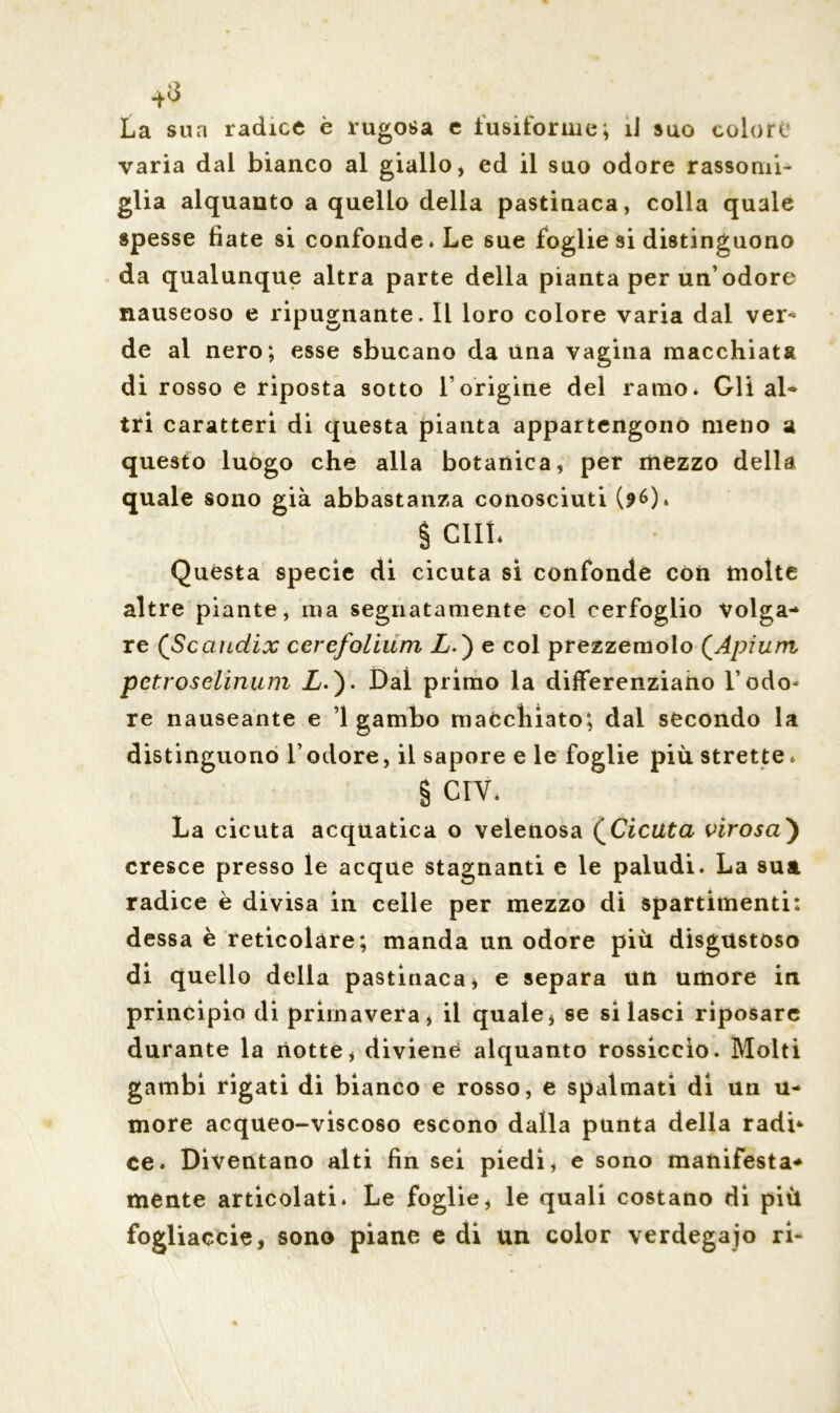 varia dal bianco al giallo, ed il suo odore rassomi- glia alquanto a quello della pastinaca, colla quale spesse fiate si confonde »Le sue foglie si distinguono da qualunque altra parte della pianta per un’odore nauseoso e ripugnante. Il loro colore varia dal ver- de al nero; esse sbucano da Una vagina macchiata di rosso e riposta sotto l’origine del ramo» Gli al*» tri caratteri di questa pianta appartengono meno a questo luogo che alla botanica, per mezzo della quale sono già abbastanza conosciuti (96). § CHI. Quésta specie di cicuta si confonde con molte altre piante, ma segnatamente col cerfoglio volga- re (Scaudix cerefolium L.') e col prezzemolo (Apium petroselinum L.). Dal primo la differenziano l’odo- re nauseante e ’1 gambo macchiato; dal secondo la distinguono l’odore, il sapore e le foglie più. strette» § crv. La cicuta acquatica o velenosa (Cicuta virosci) cresce presso le acque stagnanti e le paludi. La sua radice è divisa in celle per mezzo di spartimenti: dessa è reticolare; manda un odore più disgustoso di quello della pastinaca * e separa un umore in principio di primavera, il quale, se si lasci riposare durante la notte, diviene alquanto rossiccio. Molti gambi rigati di bianco e rosso, e spalmati di un u- more acqueo-viscoso escono dalla punta della radi» ce. Diventano alti fin sei piedi, e sono manifesta- mente articolati. Le foglie, le quali costano di più fogliacele, sono piane e di un color verdegajo ri-